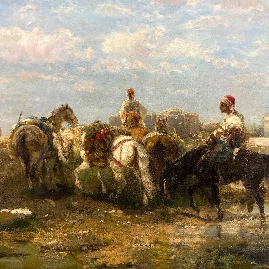 Peinture à l'huile orientaliste ancienne sur toile - Paysage - Chevaux arabes du 19ème siècle  en vente 3