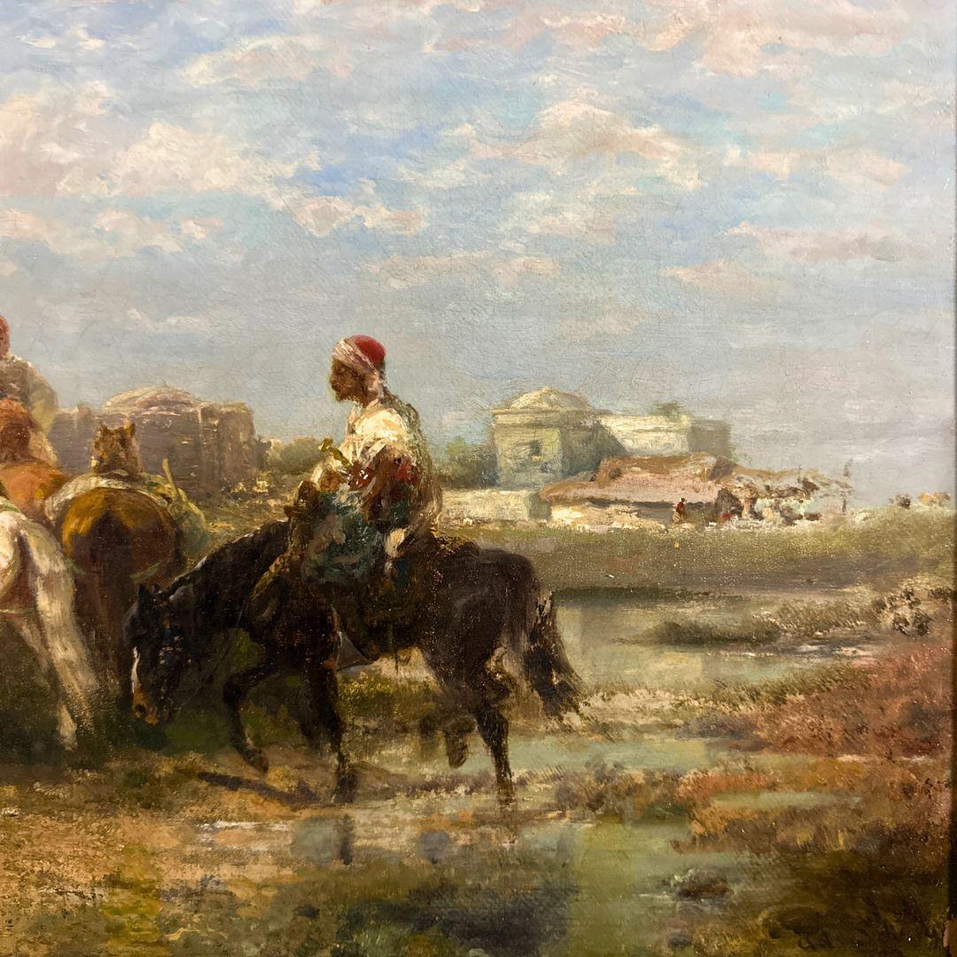 Peinture à l'huile orientaliste ancienne sur toile - Paysage - Chevaux arabes du 19ème siècle  en vente 4