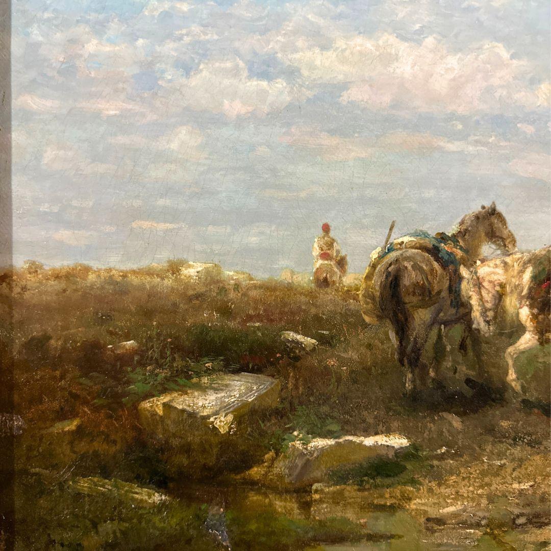 Peinture à l'huile orientaliste ancienne sur toile - Paysage - Chevaux arabes du 19ème siècle  en vente 5