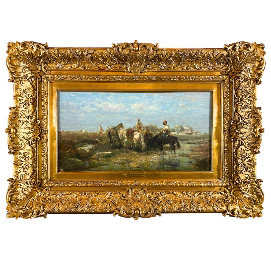 Landscape Painting Adolf Schreyer - Peinture à l'huile orientaliste ancienne sur toile - Paysage - Chevaux arabes du 19ème siècle 