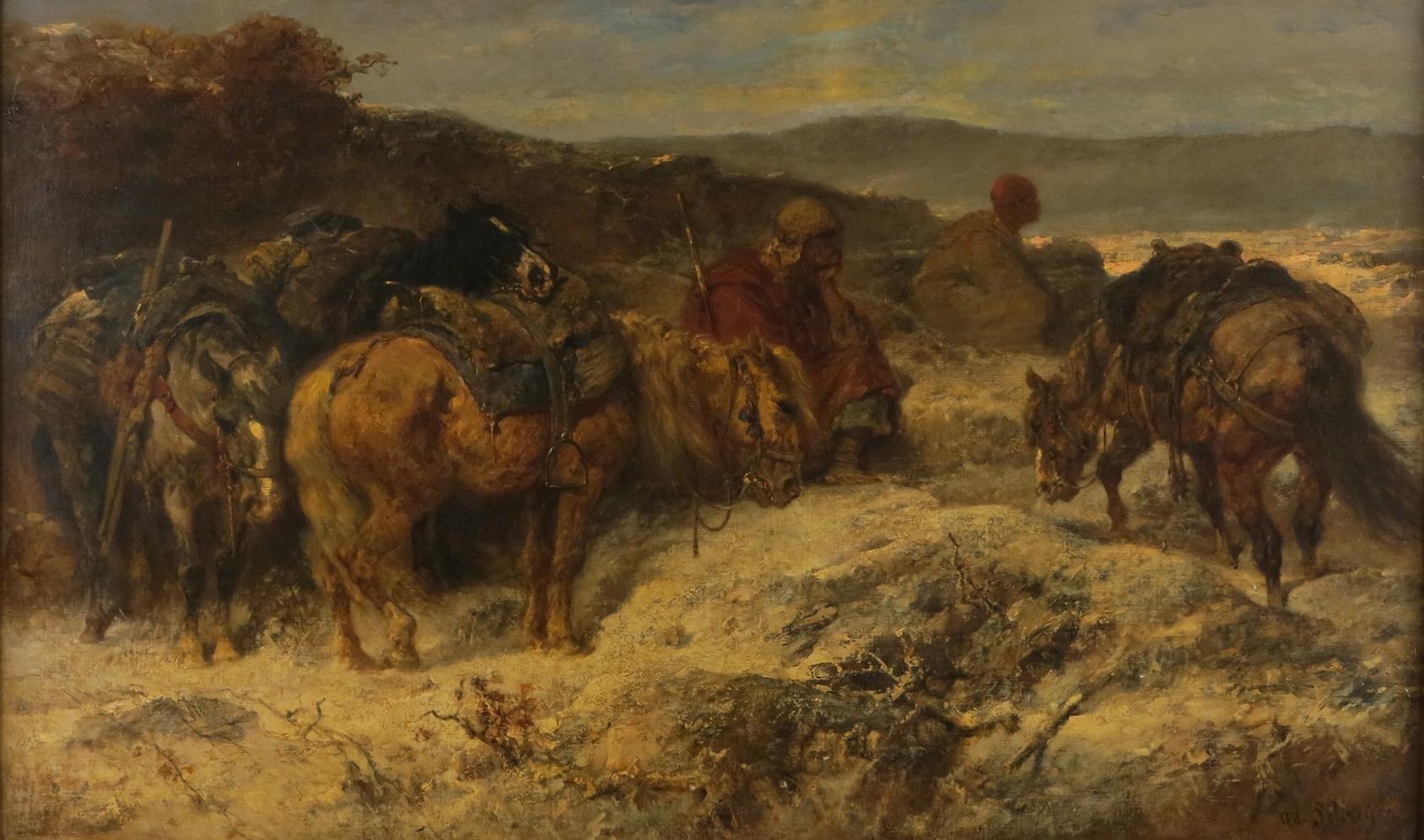 Adolf Schreyer Landscape Painting - "Arab Scouts, " Adolph Schreyer, Middle Eastern Orientalist Scene with Horses