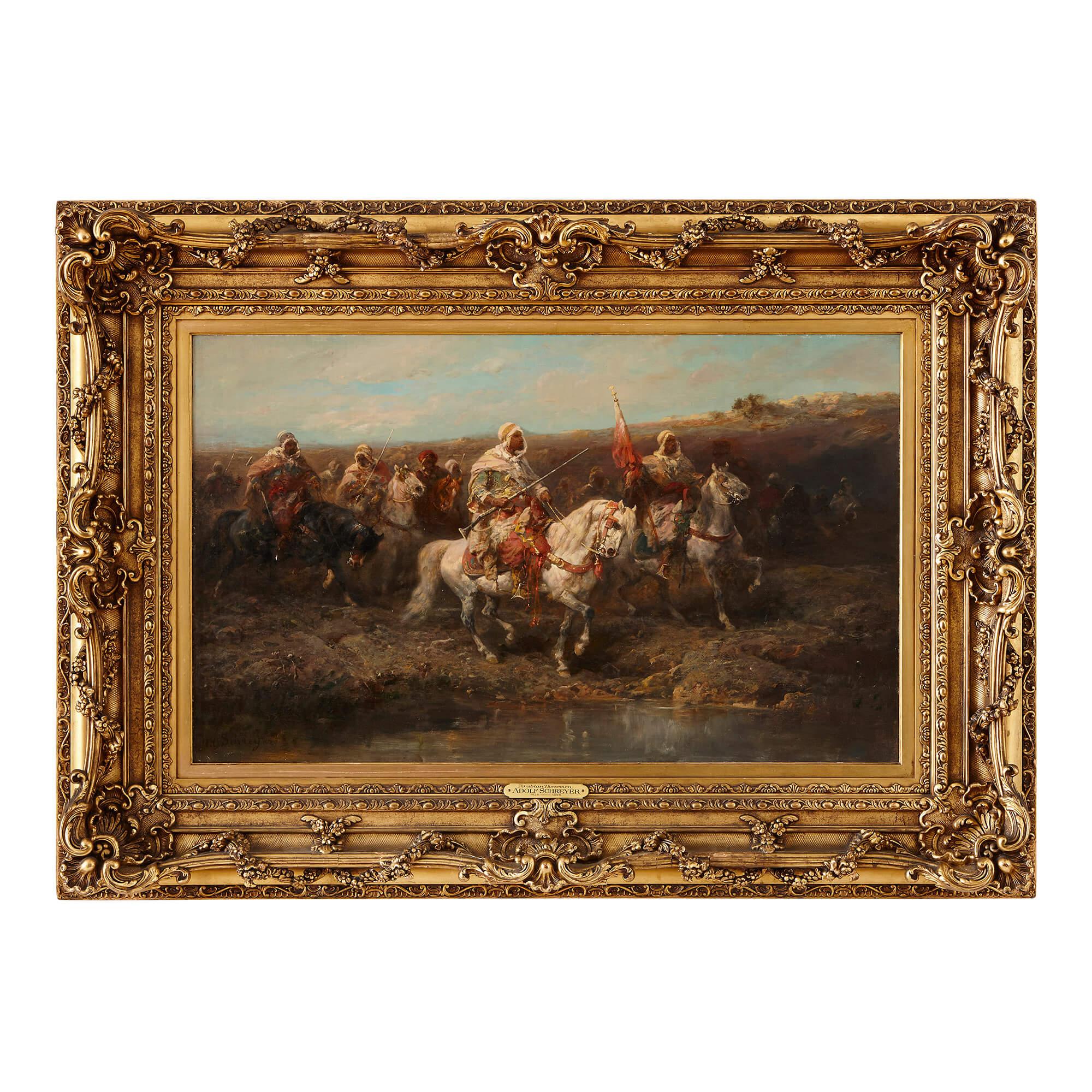 Adolf Schreyer Animal Painting - 'Arabian Horsemen', 19th Century oil painting