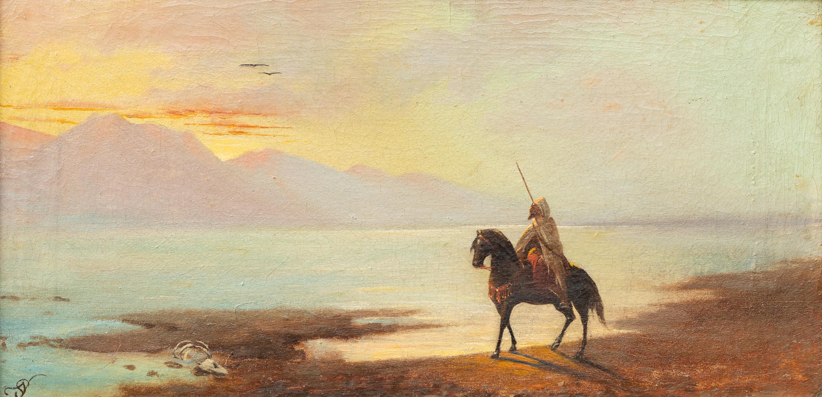 Landscape Painting Adolf Schreyer - Cavalier arabe au crépuscule
