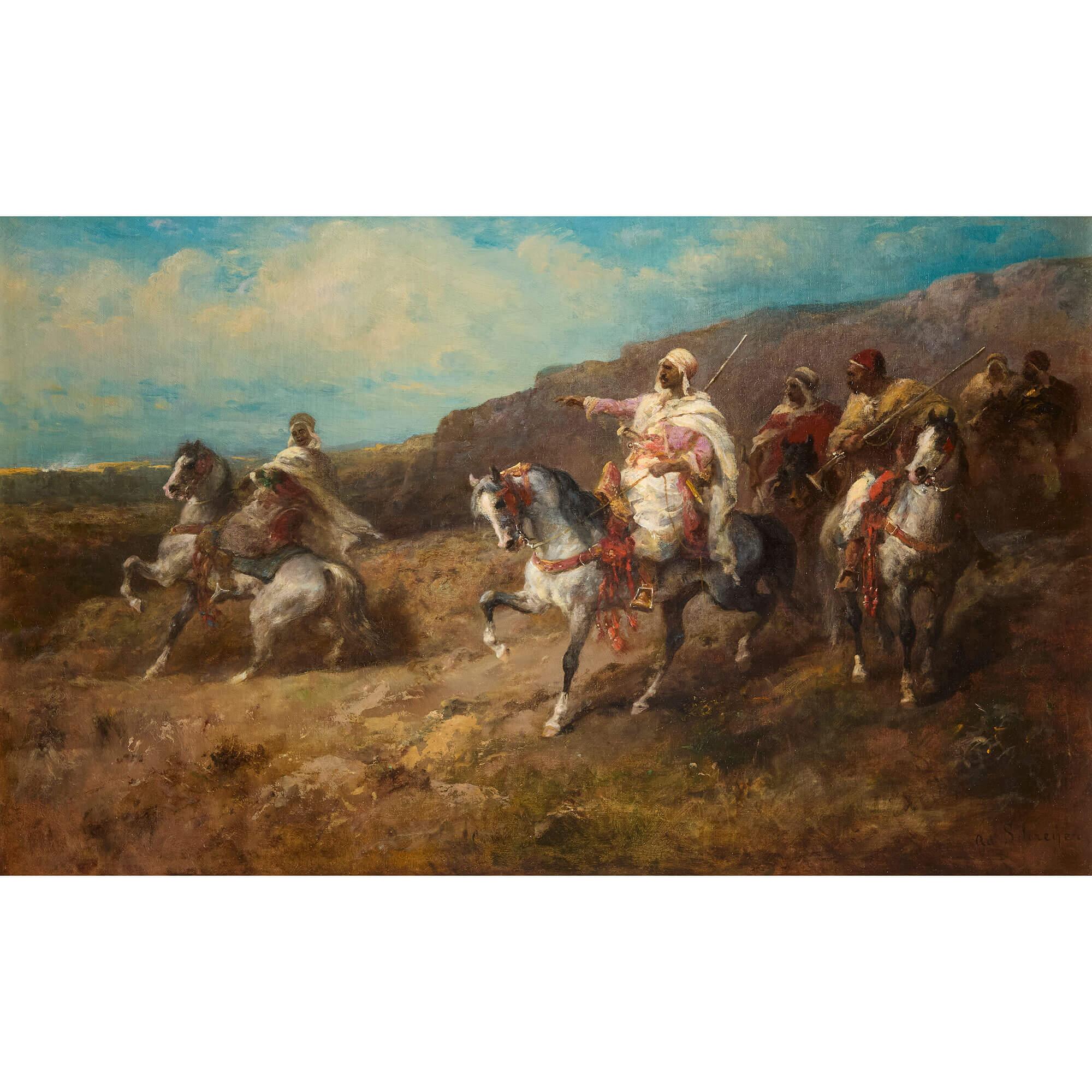 Grande dipinto ad olio orientalista tedesco con cavalieri di Schreyer - Painting di Adolf Schreyer