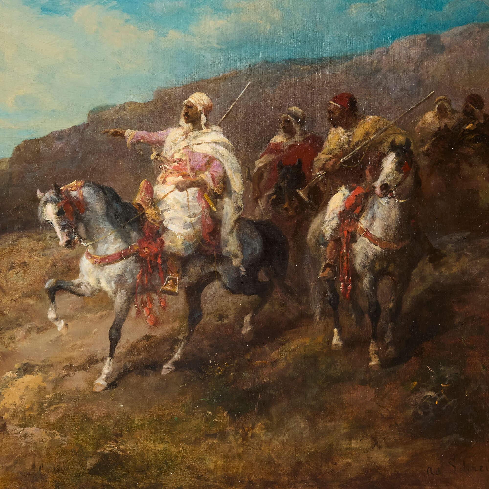 Grande dipinto ad olio orientalista tedesco con cavalieri di Schreyer - Figurative Painting Marrone di Adolf Schreyer