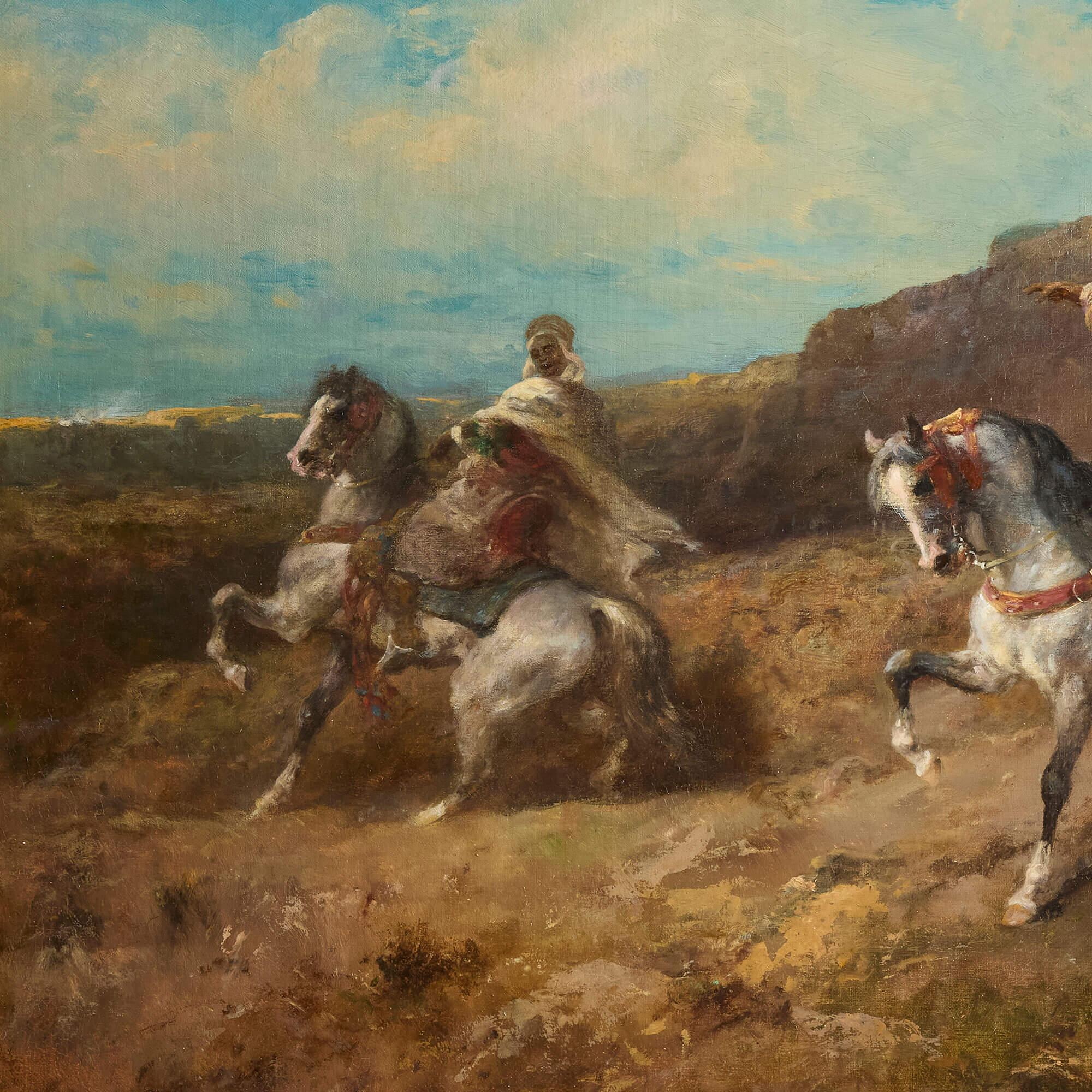 Grande dipinto a olio orientalista tedesco con cavalieri di Schreyer
Tedesco, fine del XIX secolo
Tela: Altezza 59 cm, larghezza 96 cm
Telaio: Altezza 85cm, larghezza 122cm, profondità 8cm

Questo eccezionale dipinto della fine del XIX secolo è