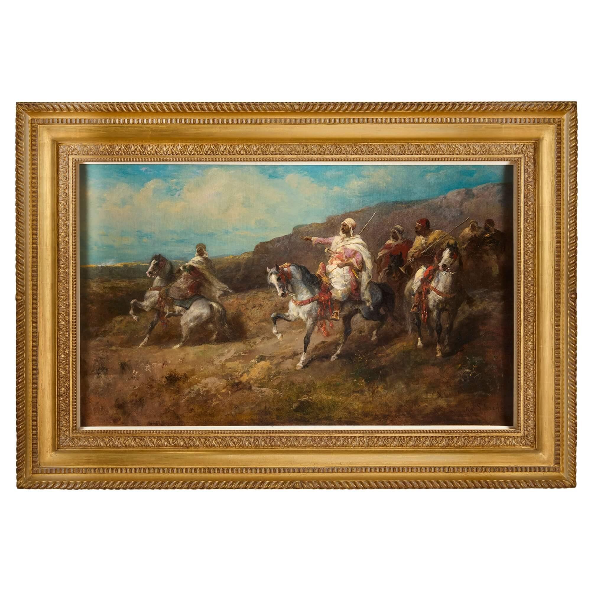Figurative Painting di Adolf Schreyer - Grande dipinto ad olio orientalista tedesco con cavalieri di Schreyer
