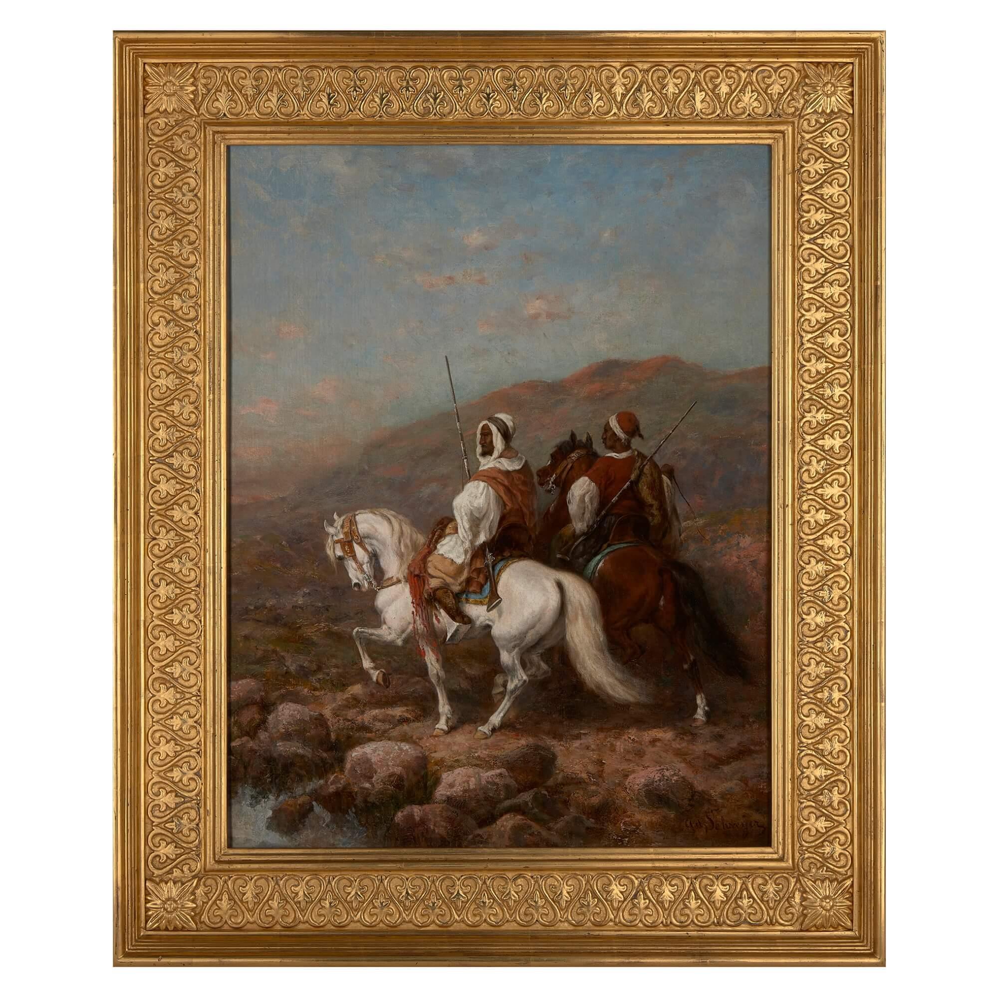 Pair of Orientalist paintings of Arabian horsemen by A. Schreyer - Painting by Adolf Schreyer