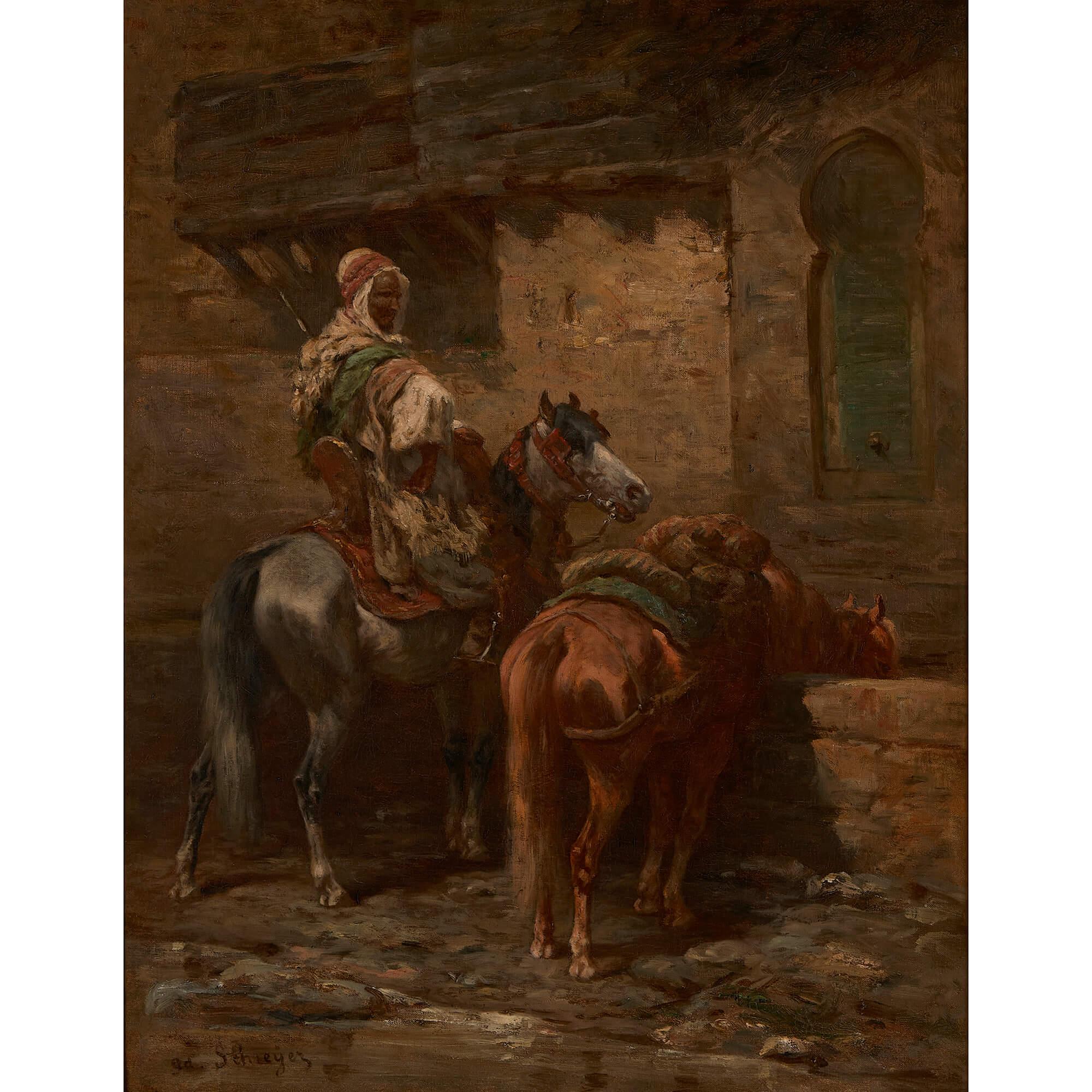Pair of Orientalist paintings of Arabian horsemen by A. Schreyer - Romantic Painting by Adolf Schreyer