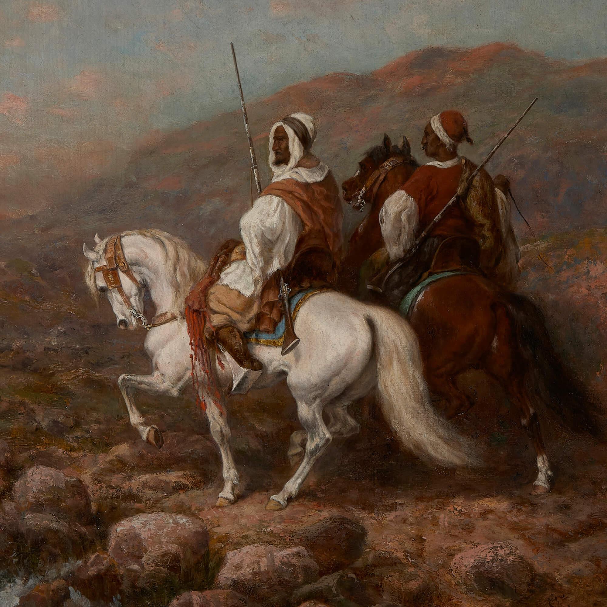 Pair of Orientalist paintings of Arabian horsemen by A. Schreyer
German, Mid-19th Century
Frames: height 84cm, width 70cm, depth 4.5cm
First canvas (two horsemen): height 65cm, width 54cm
Second canvas (horses at a well): height 66cm, width