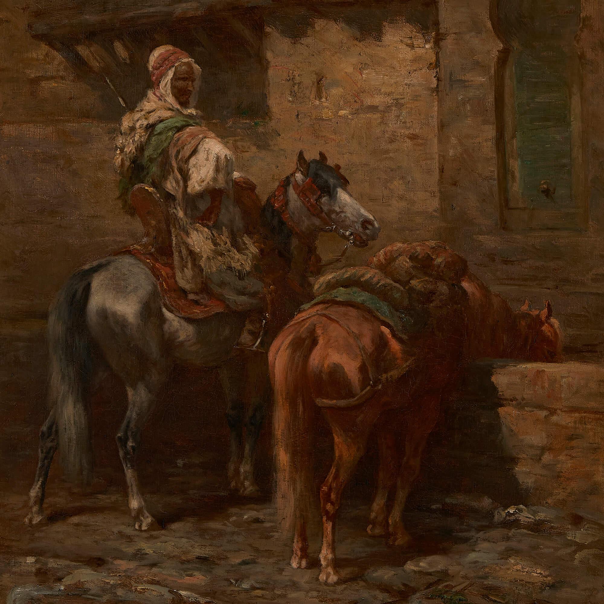 Pair of Orientalist paintings of Arabian horsemen by A. Schreyer 1