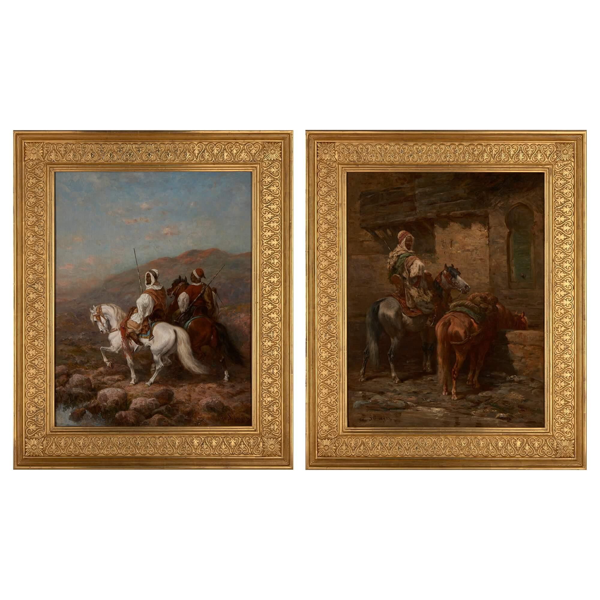 Adolf Schreyer Landscape Painting - Pair of Orientalist paintings of Arabian horsemen by A. Schreyer
