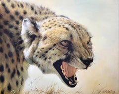 Vintage Attacking Cheetah /// African Wildlife Safari Big Cat Animal Portrait Painting
