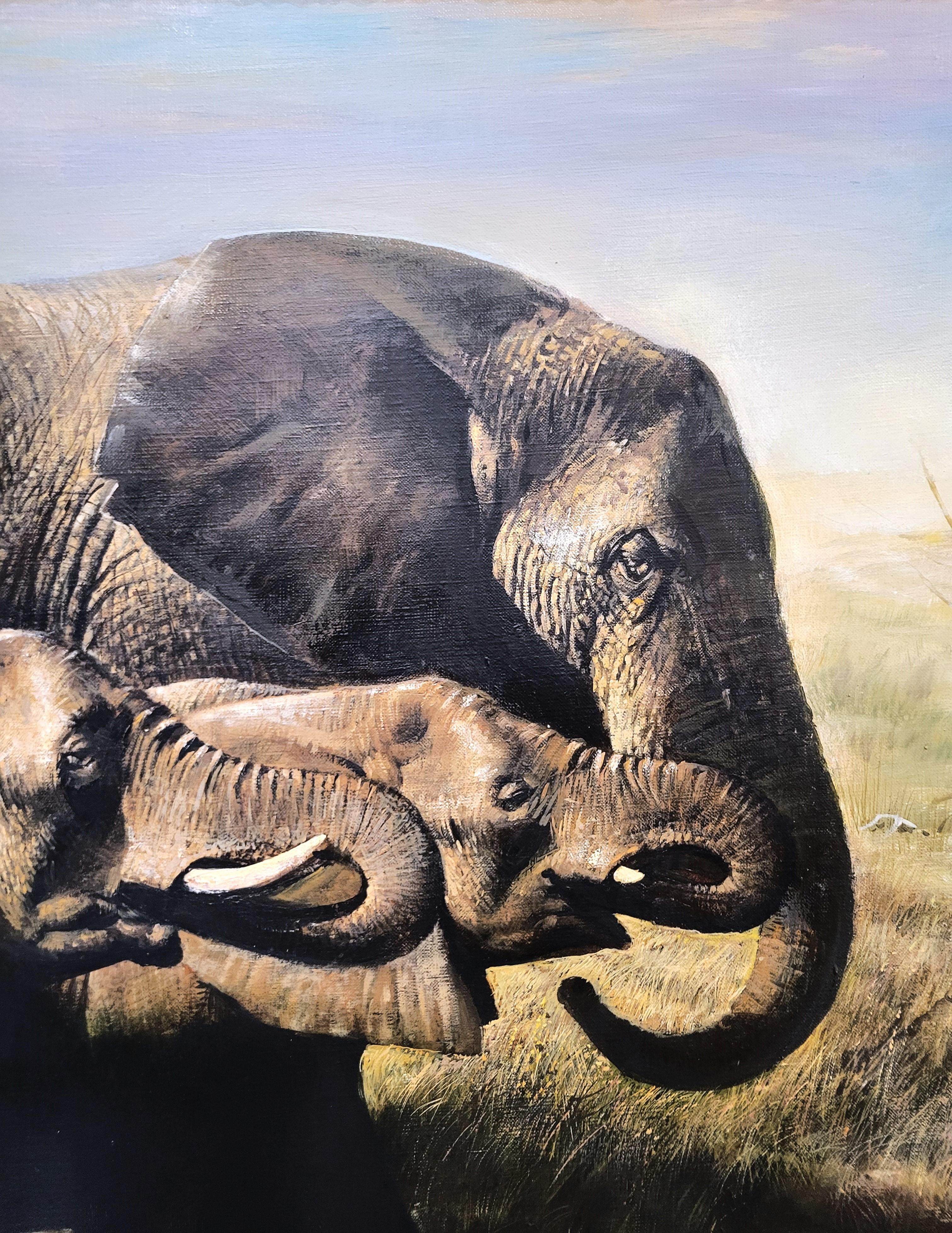 Temporada seca /// Pintura al óleo de animales en manada de elefantes de gran safari de fauna africana en venta 5