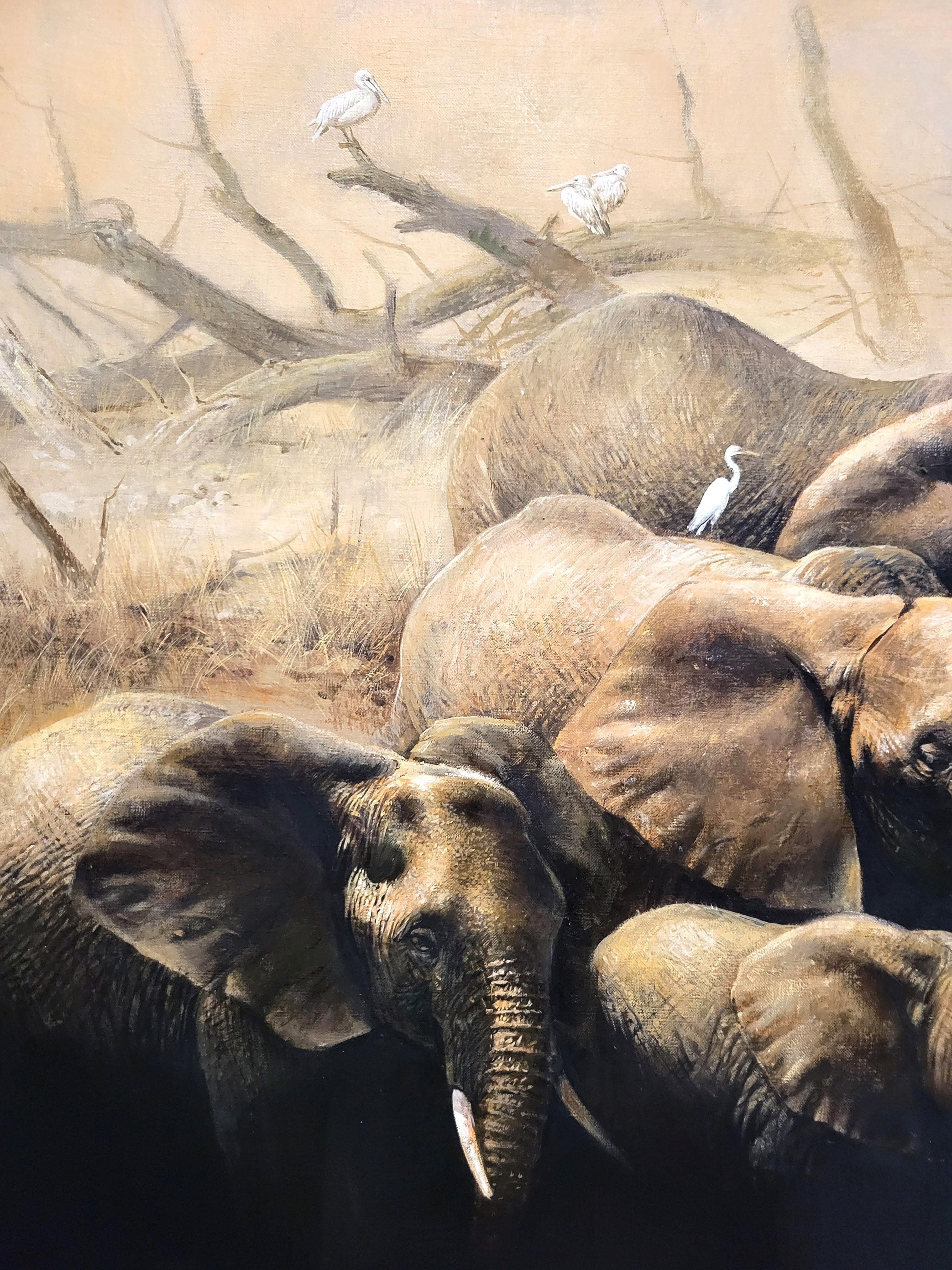 Temporada seca /// Pintura al óleo de animales en manada de elefantes de gran safari de fauna africana en venta 7