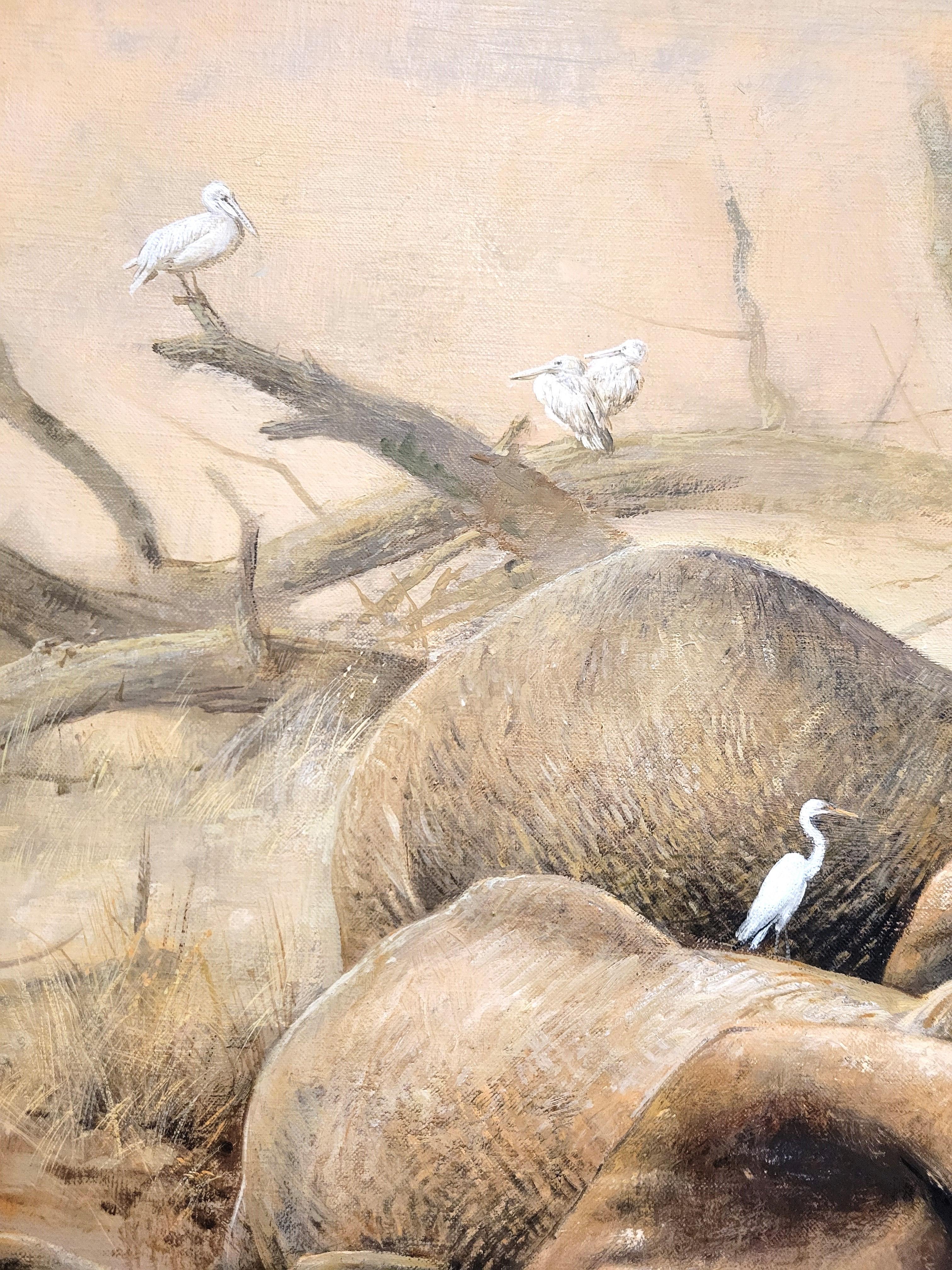 Temporada seca /// Pintura al óleo de animales en manada de elefantes de gran safari de fauna africana en venta 8