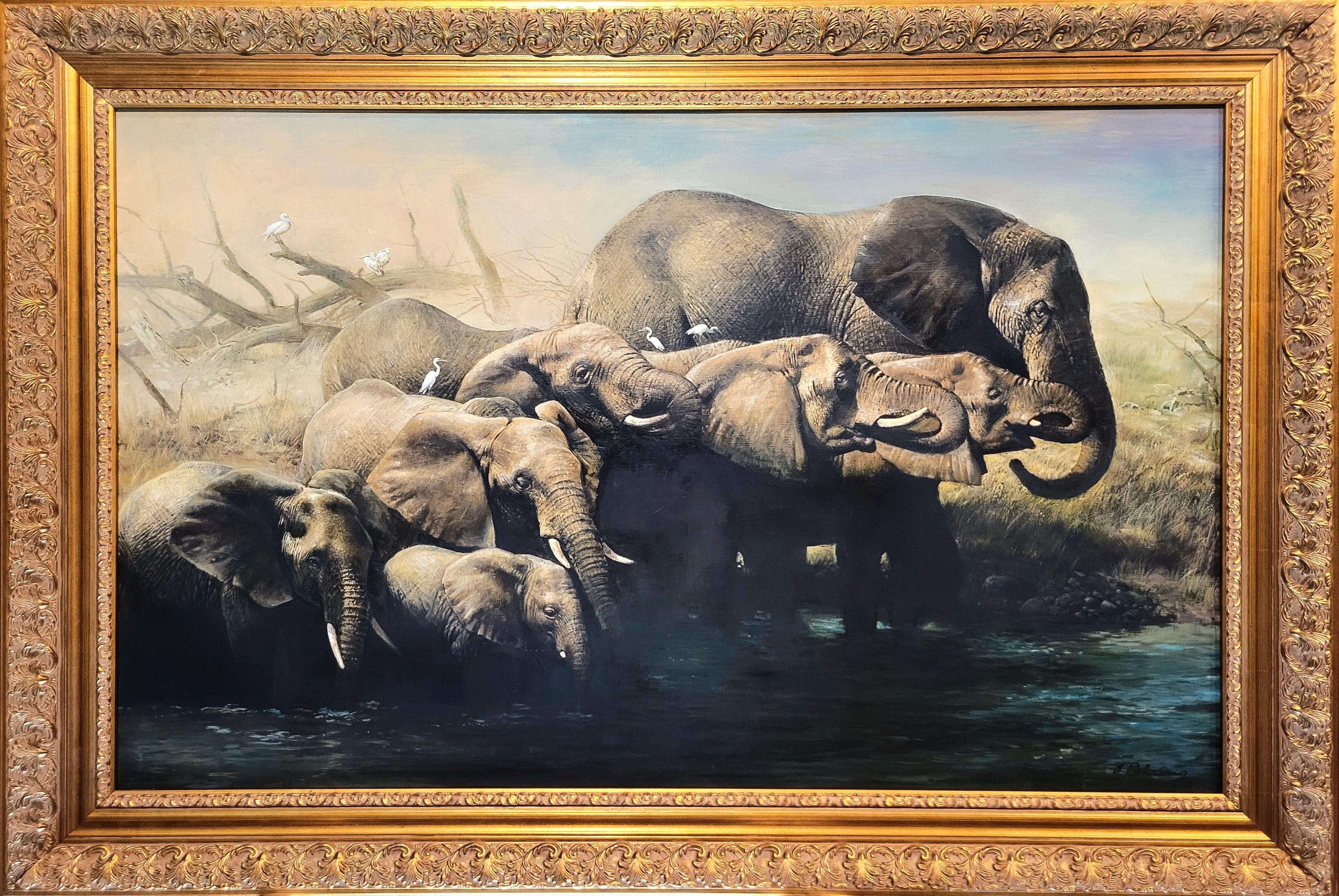 Temporada seca /// Pintura al óleo de animales en manada de elefantes de gran safari de fauna africana - Painting de Adolf Sehring