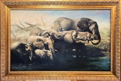 Dry Season /// Large African Wildlife Safari Elephant Herd Animal Oil Painting