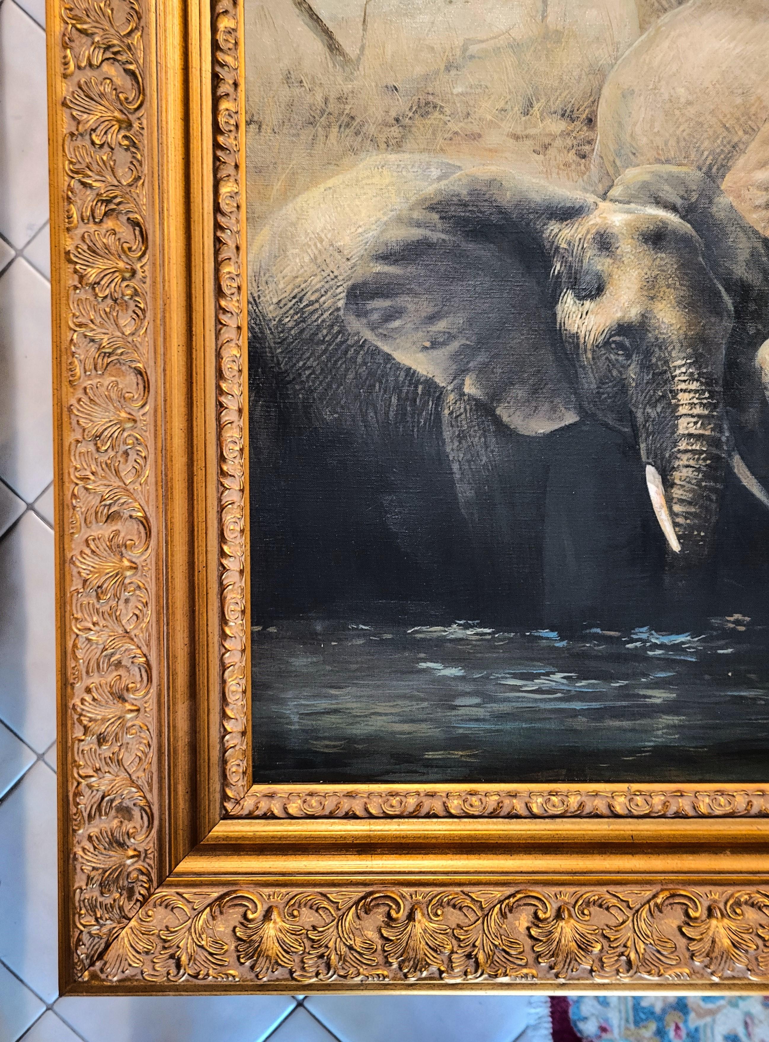 Temporada seca /// Pintura al óleo de animales en manada de elefantes de gran safari de fauna africana - Painting Contemporáneo de Adolf Sehring
