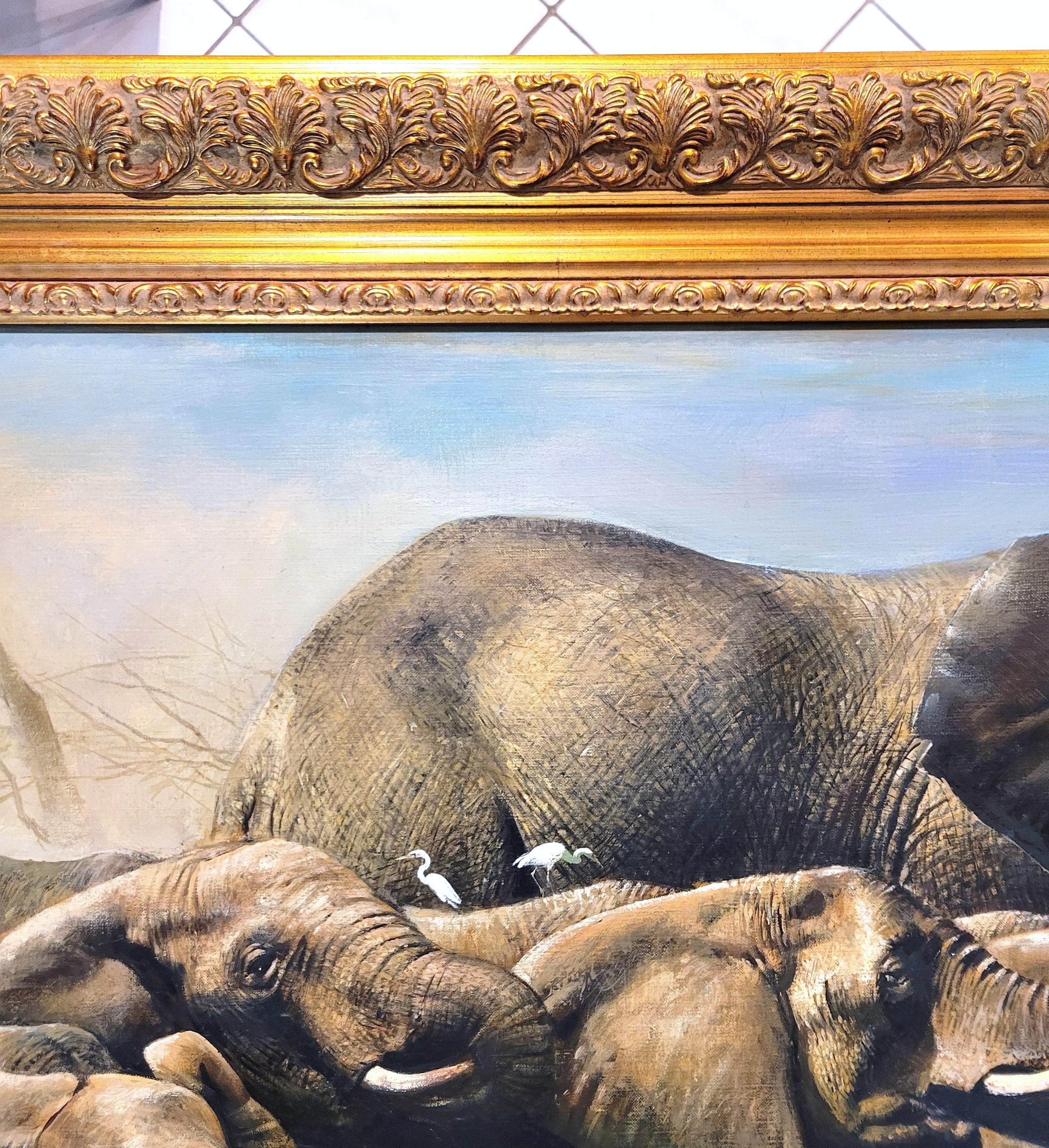 Temporada seca /// Pintura al óleo de animales en manada de elefantes de gran safari de fauna africana en venta 2