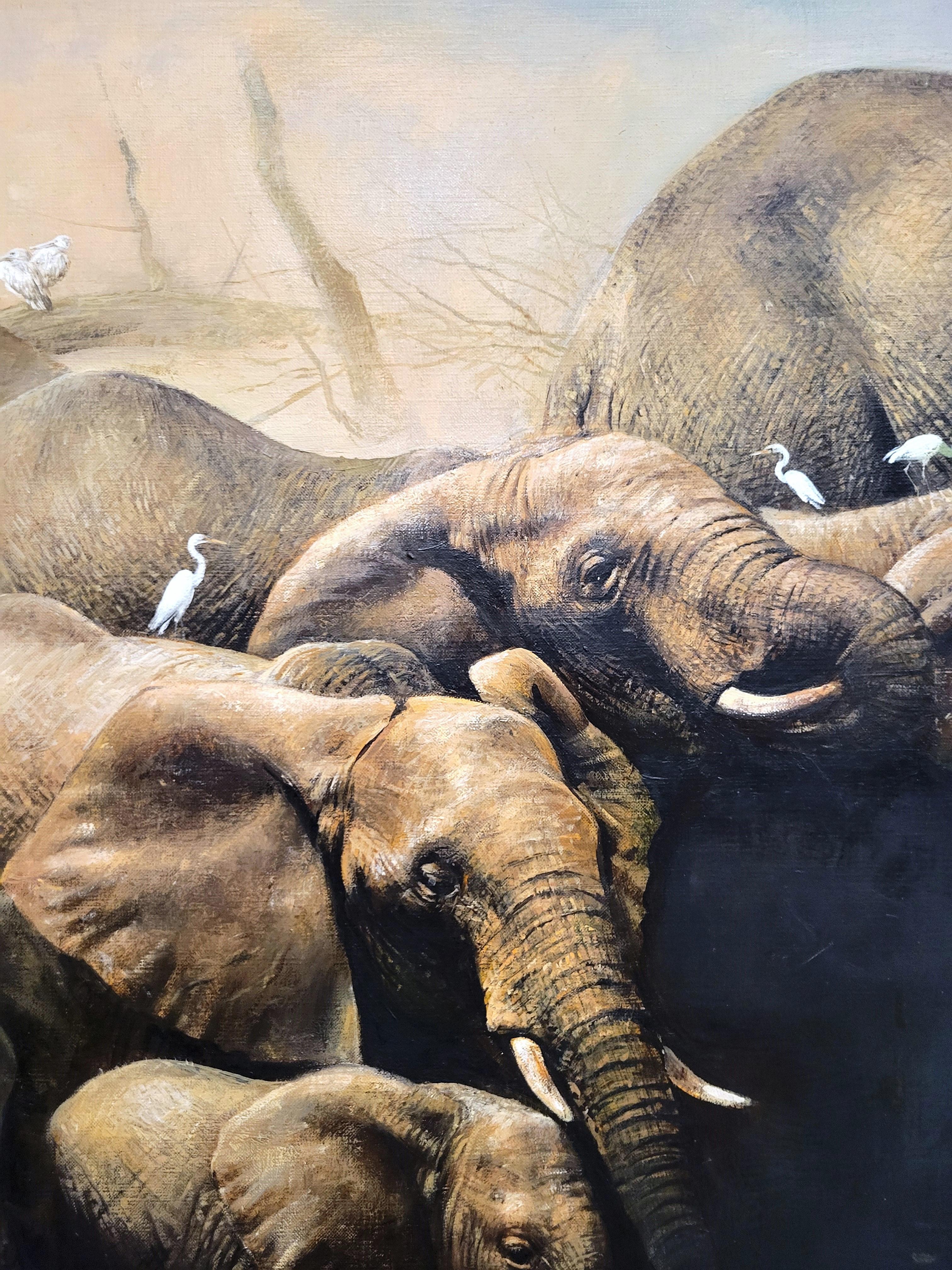 Temporada seca /// Pintura al óleo de animales en manada de elefantes de gran safari de fauna africana en venta 3