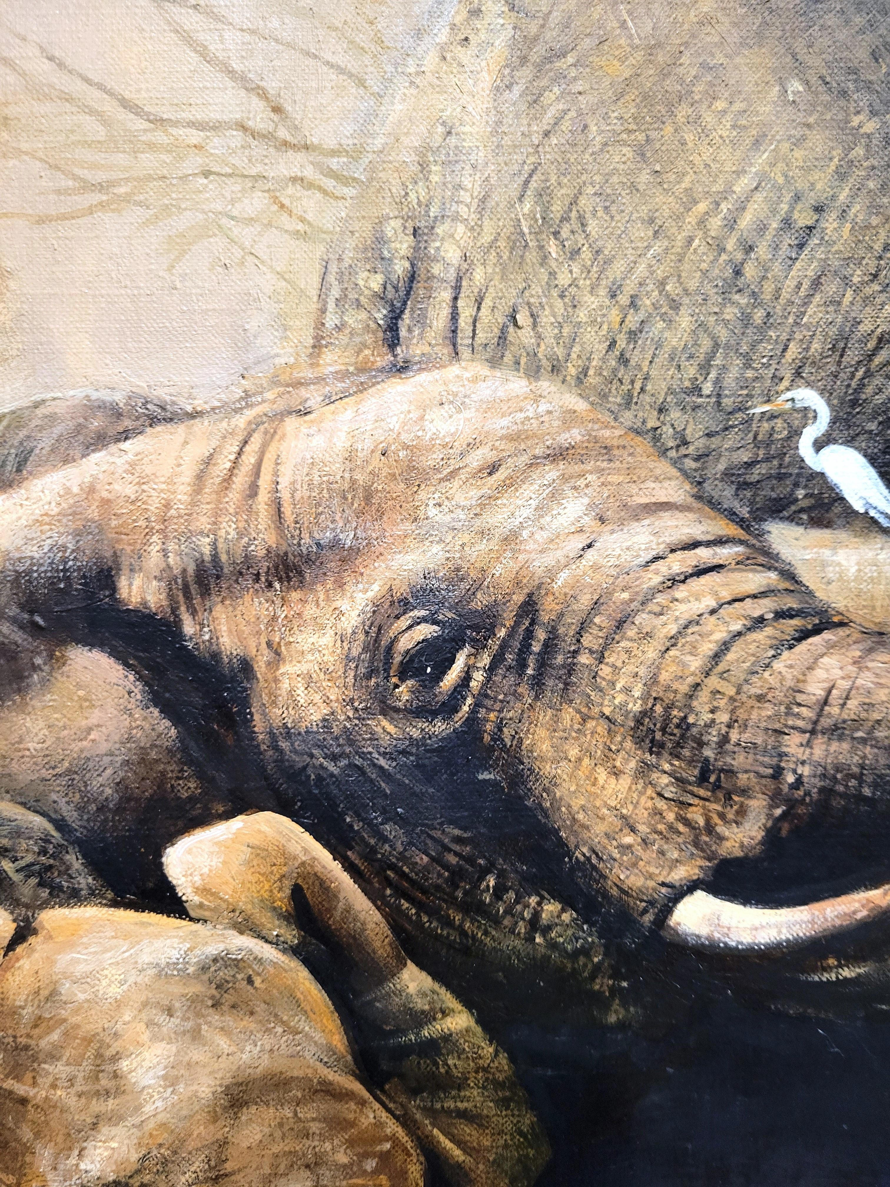 Temporada seca /// Pintura al óleo de animales en manada de elefantes de gran safari de fauna africana en venta 4