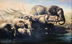 Vintage Dry Season /// Large African Wildlife Safari Elephant Herd Animal Oil Painting