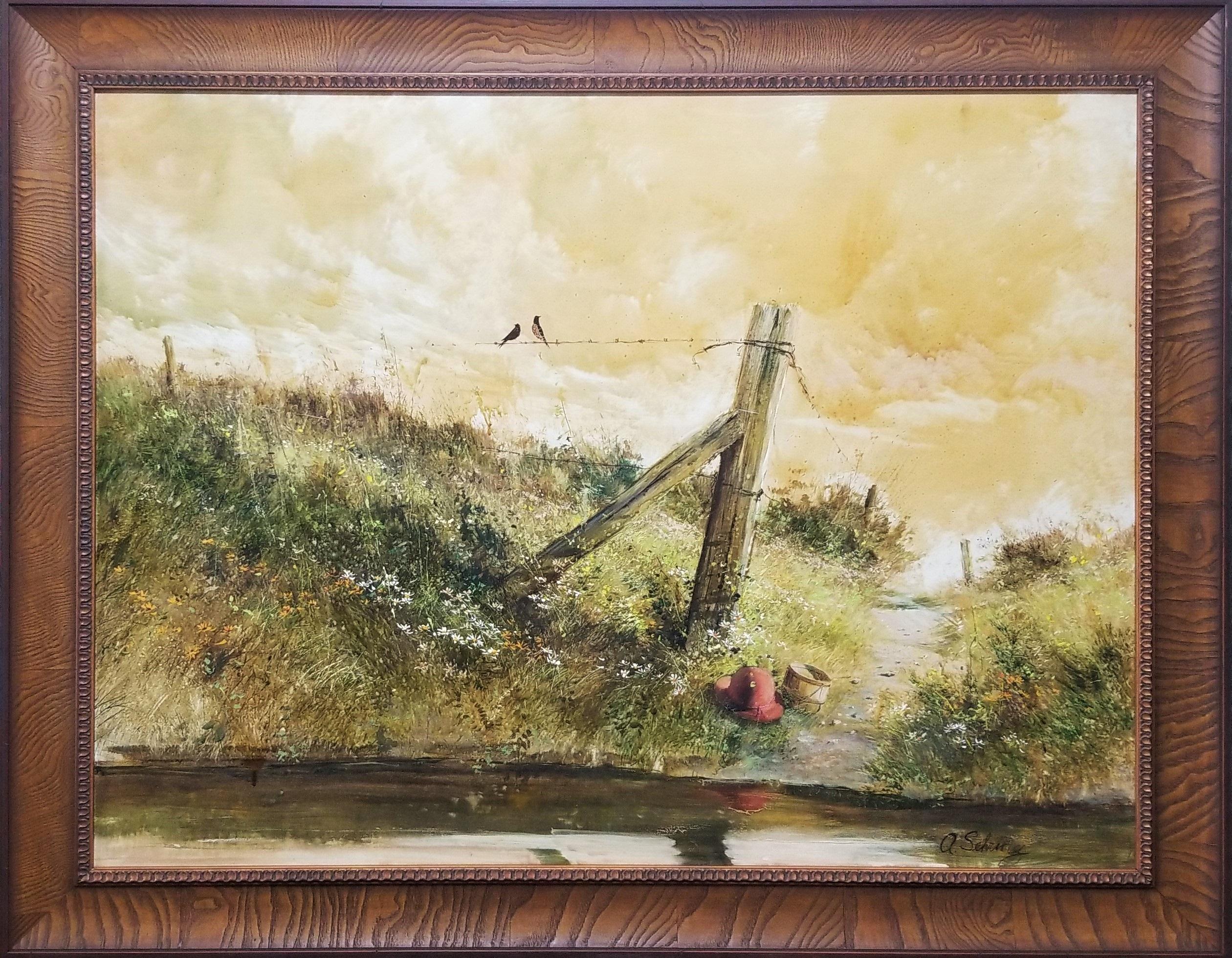 Forgotten Fence /// Realismus Landschaft Country Farm River Gemälde Amerikanische Kunst – Painting von Adolf Sehring