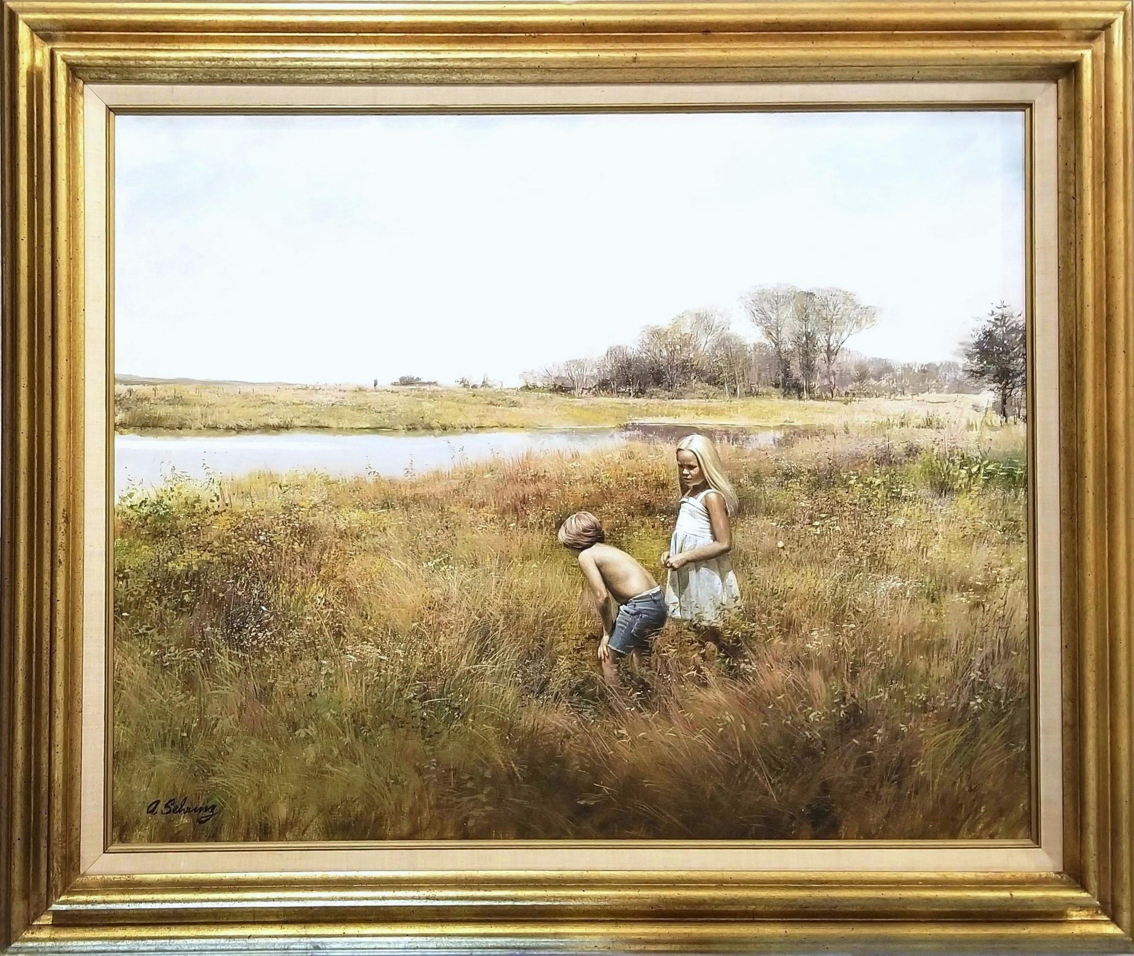Fun Time /// Adolf Sehring Pintura al óleo Niños Virginia Paisaje Realismo Arte en venta 1