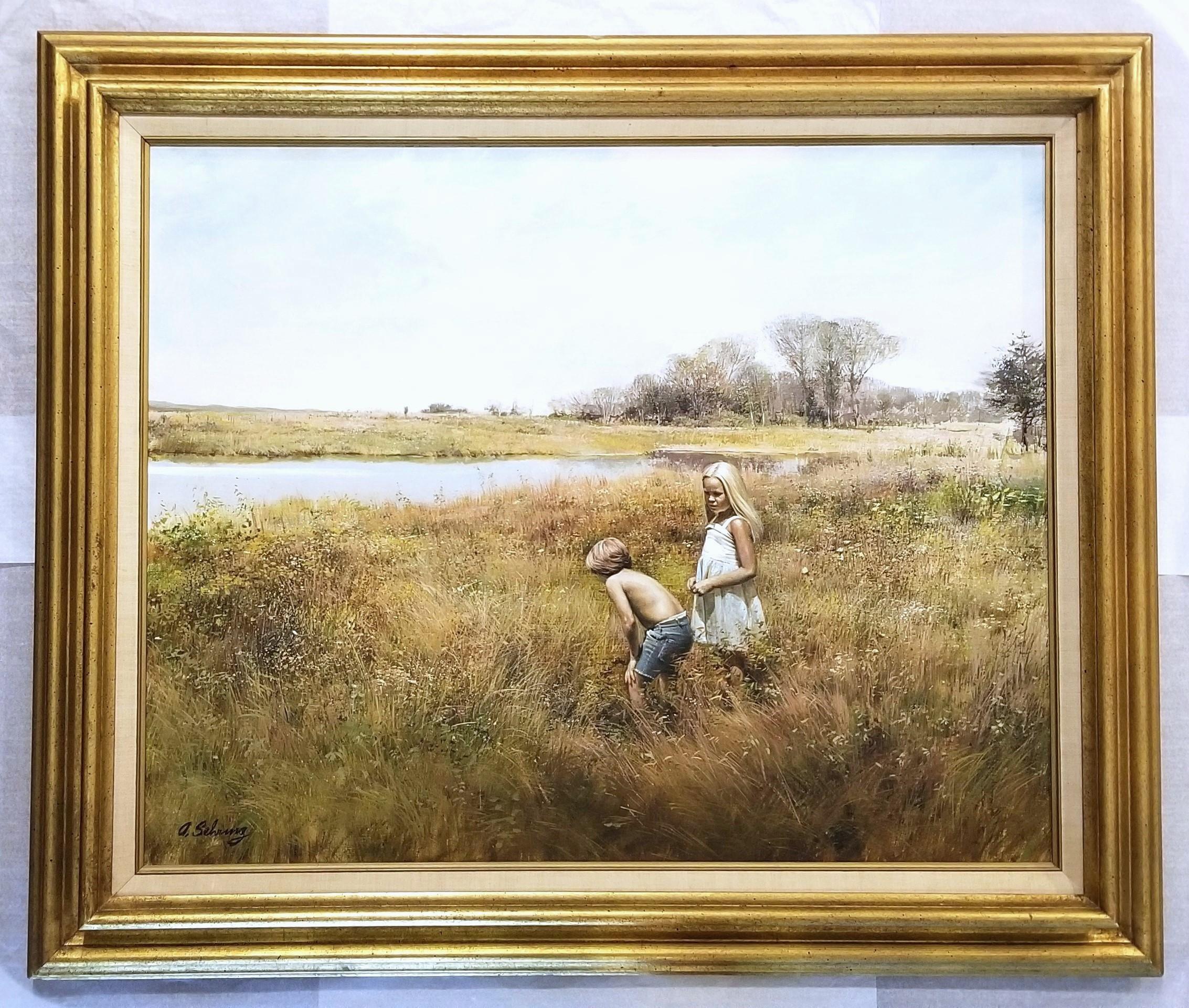 Fun Time /// Adolf Sehring Pintura al óleo Niños Virginia Paisaje Realismo Arte en venta 2