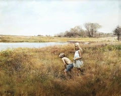 Vintage Fun Time /// Adolf Sehring Oil Painting Children Virginia Landscape Realism Art