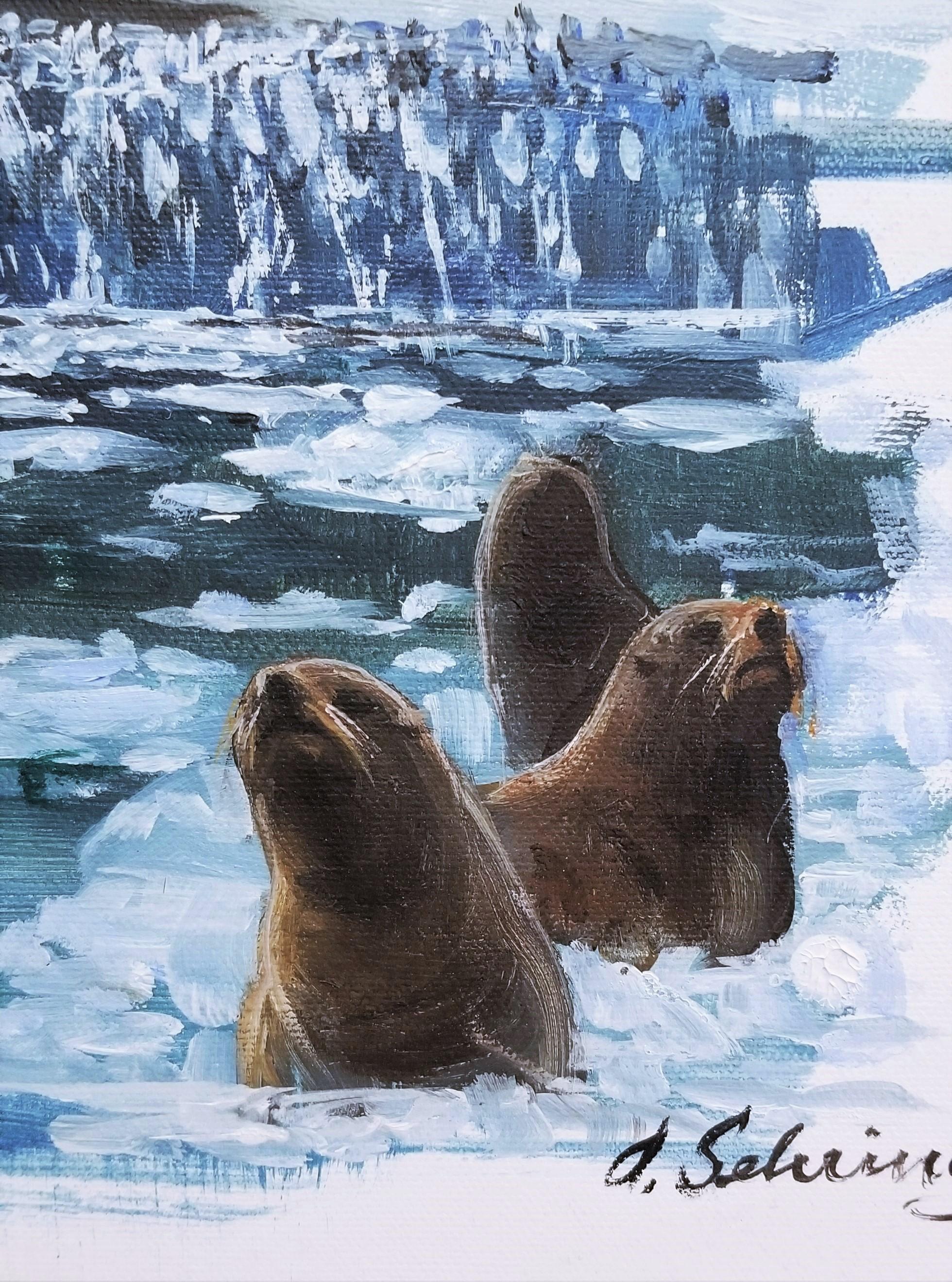 Harbor Seals /// Contemporary Animal Icebergs Landscape Oil Painting Seascape For Sale 5