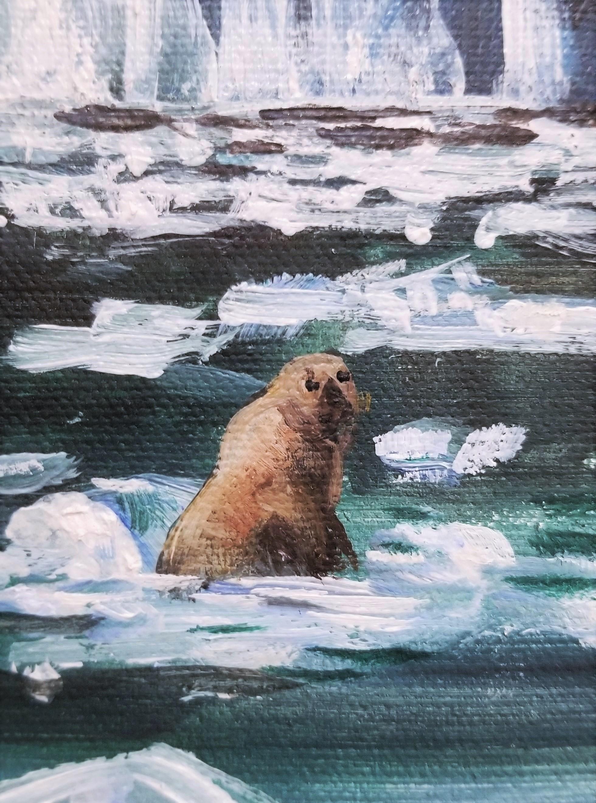Harbor Seals /// Contemporary Animal Icebergs Landscape Oil Painting Seascape For Sale 8