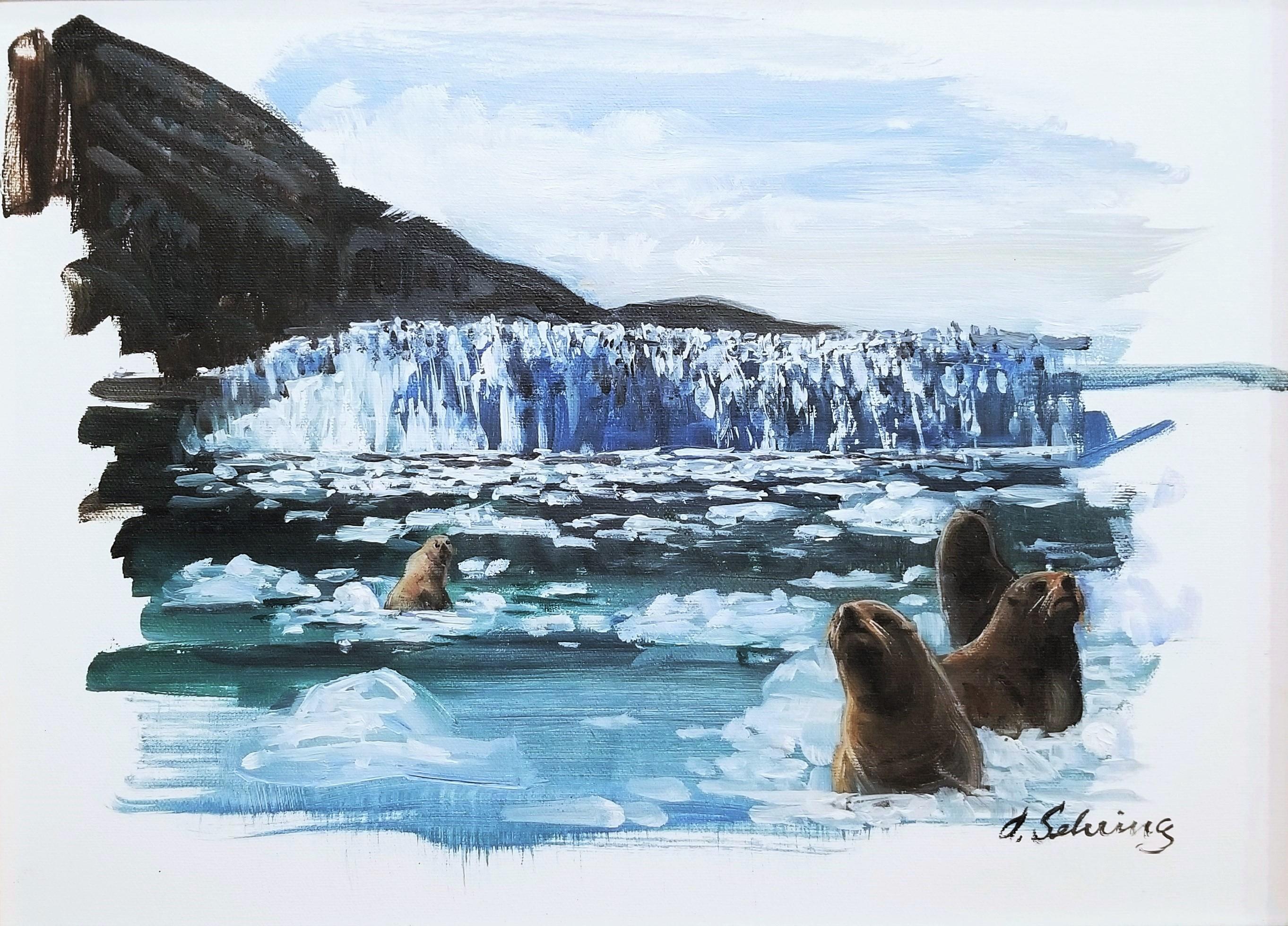 Adolf Sehring Animal Painting - Harbor Seals /// Contemporary Animal Icebergs Landscape Oil Painting Seascape