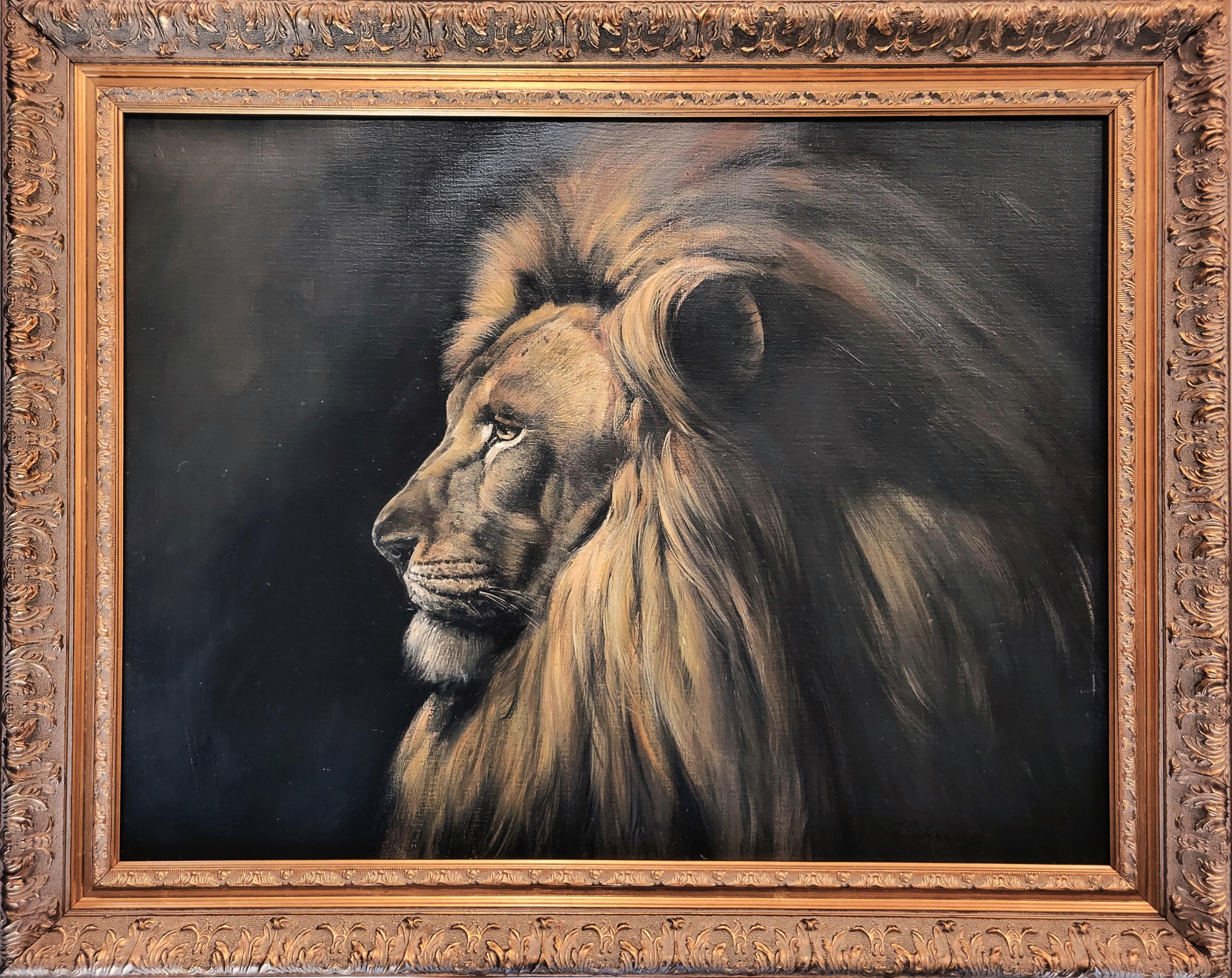 Stoic Lion /// African Wildlife Safari Big Cat Animal Art Portrait Oil Painting - Black Animal Painting by Adolf Sehring