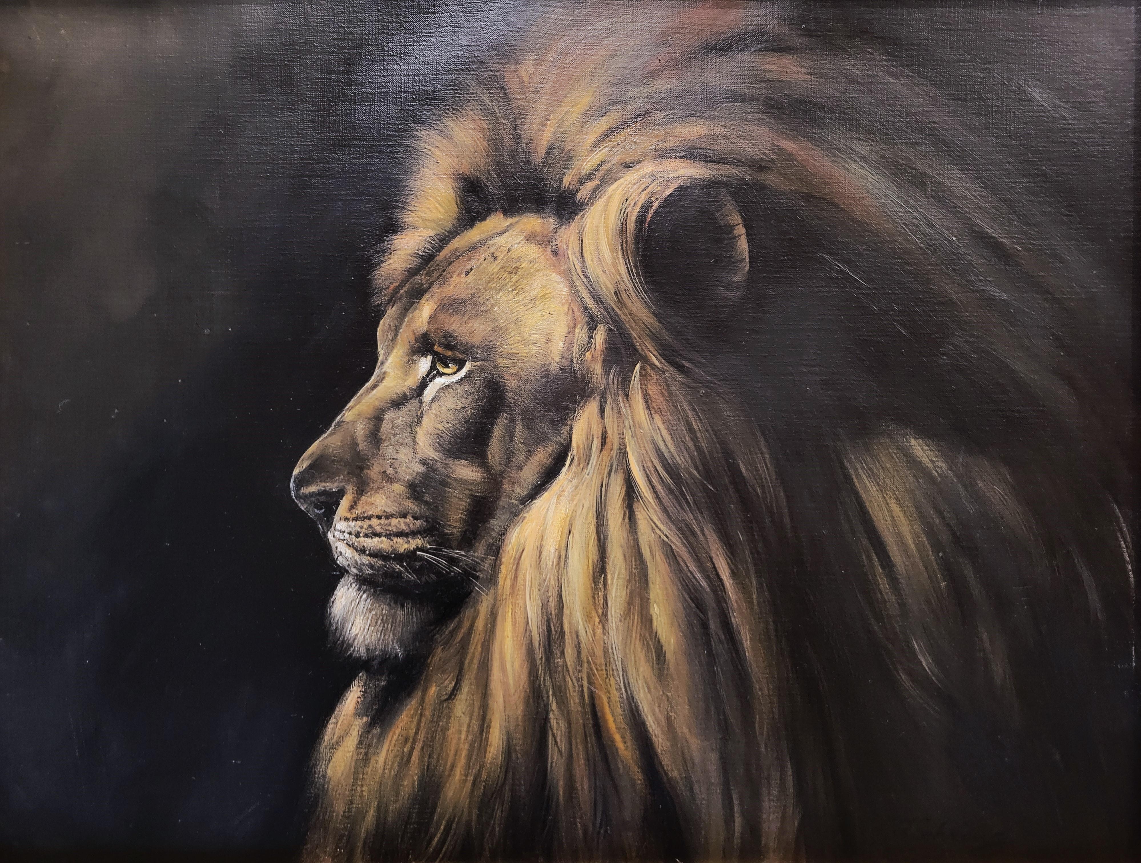 Adolf Sehring Animal Painting - Stoic Lion /// African Wildlife Safari Big Cat Animal Art Portrait Oil Painting