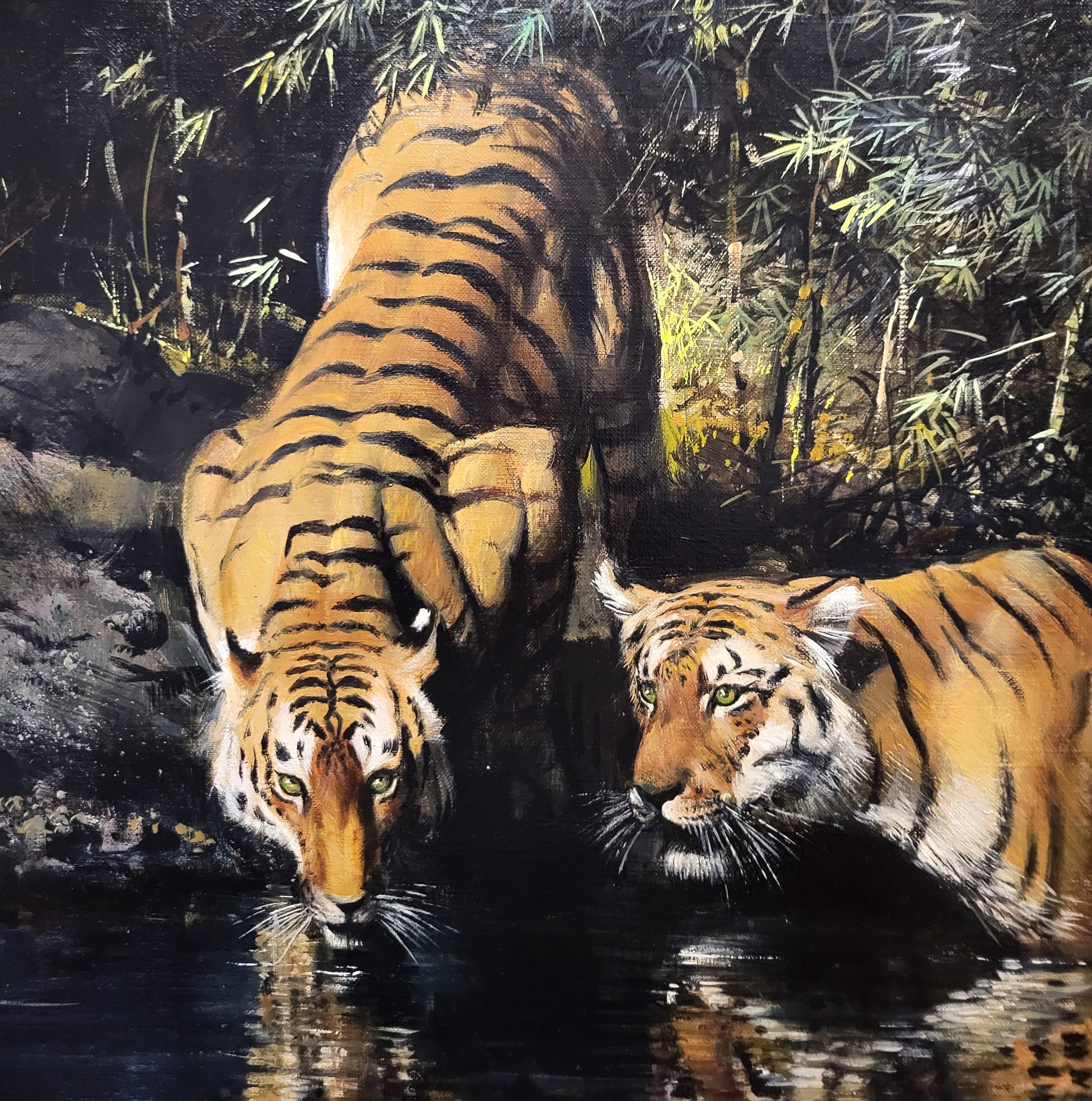 Tigres junto a un arroyo de la selva /// Big Cat India Asia Wildlife Animal Oil Painting en venta 7