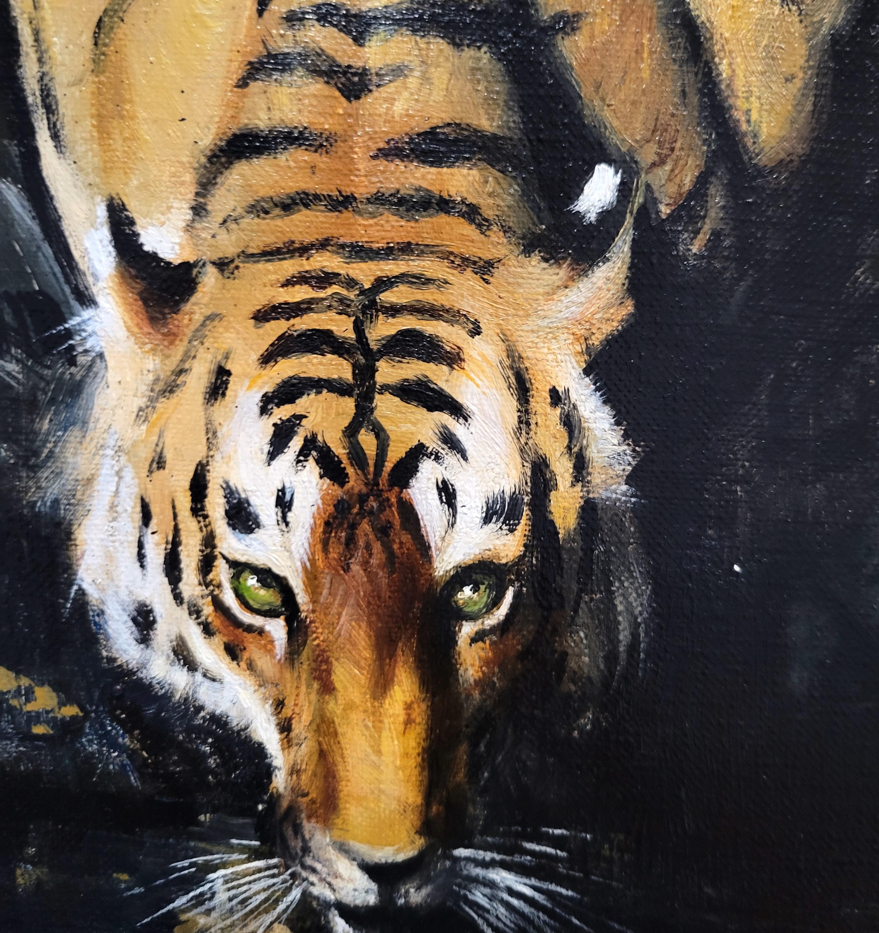 Tigres junto a un arroyo de la selva /// Big Cat India Asia Wildlife Animal Oil Painting en venta 8