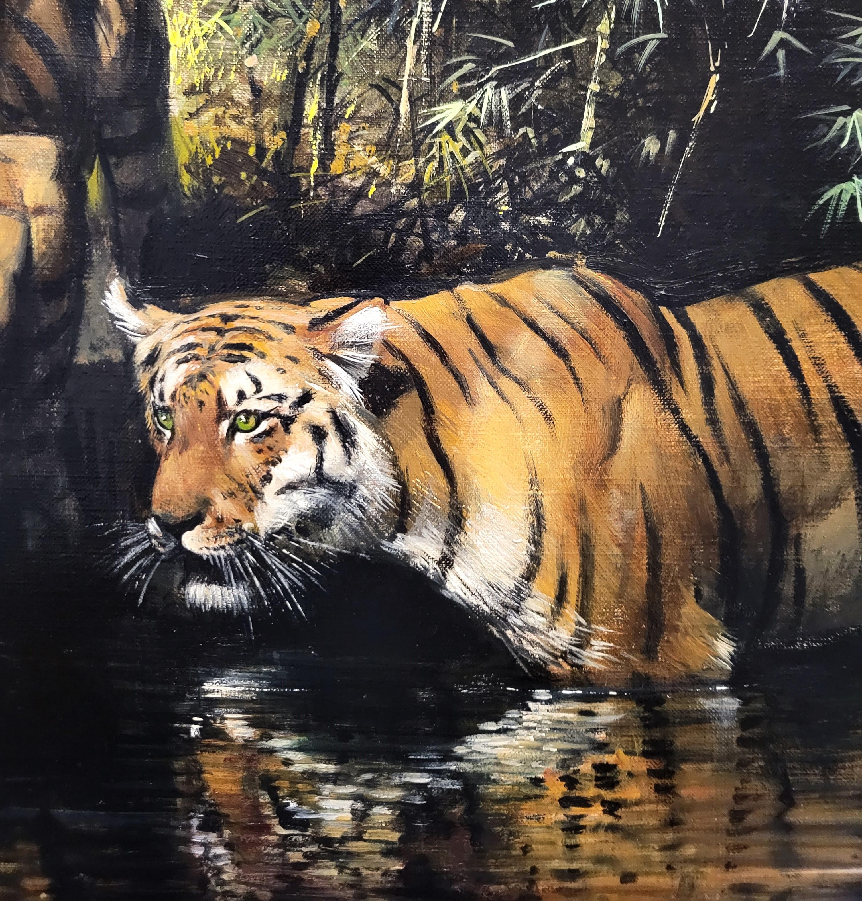 Tigres junto a un arroyo de la selva /// Big Cat India Asia Wildlife Animal Oil Painting en venta 9