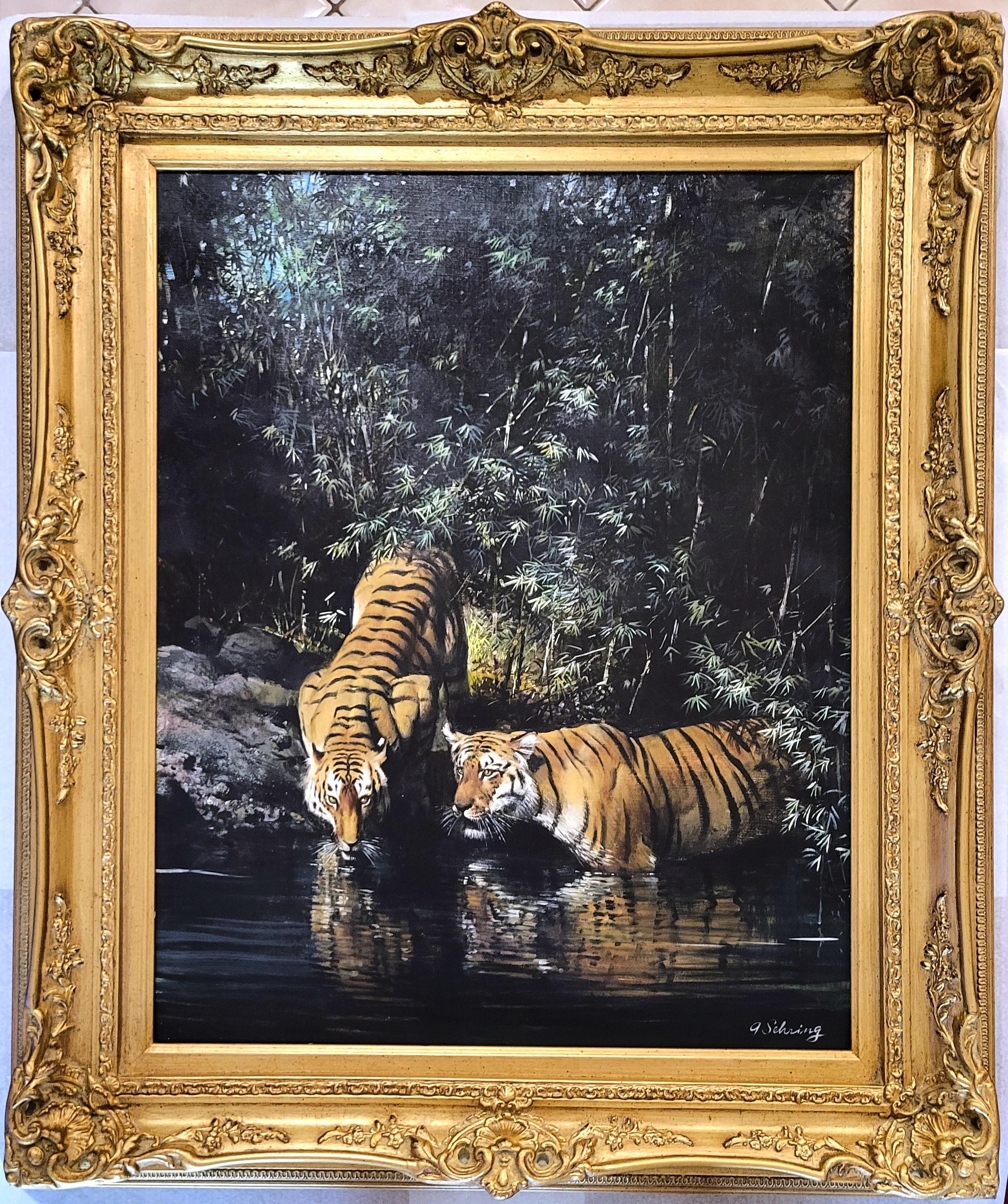 Tigres junto a un arroyo de la selva /// Big Cat India Asia Wildlife Animal Oil Painting - Animal Painting Negro de Adolf Sehring