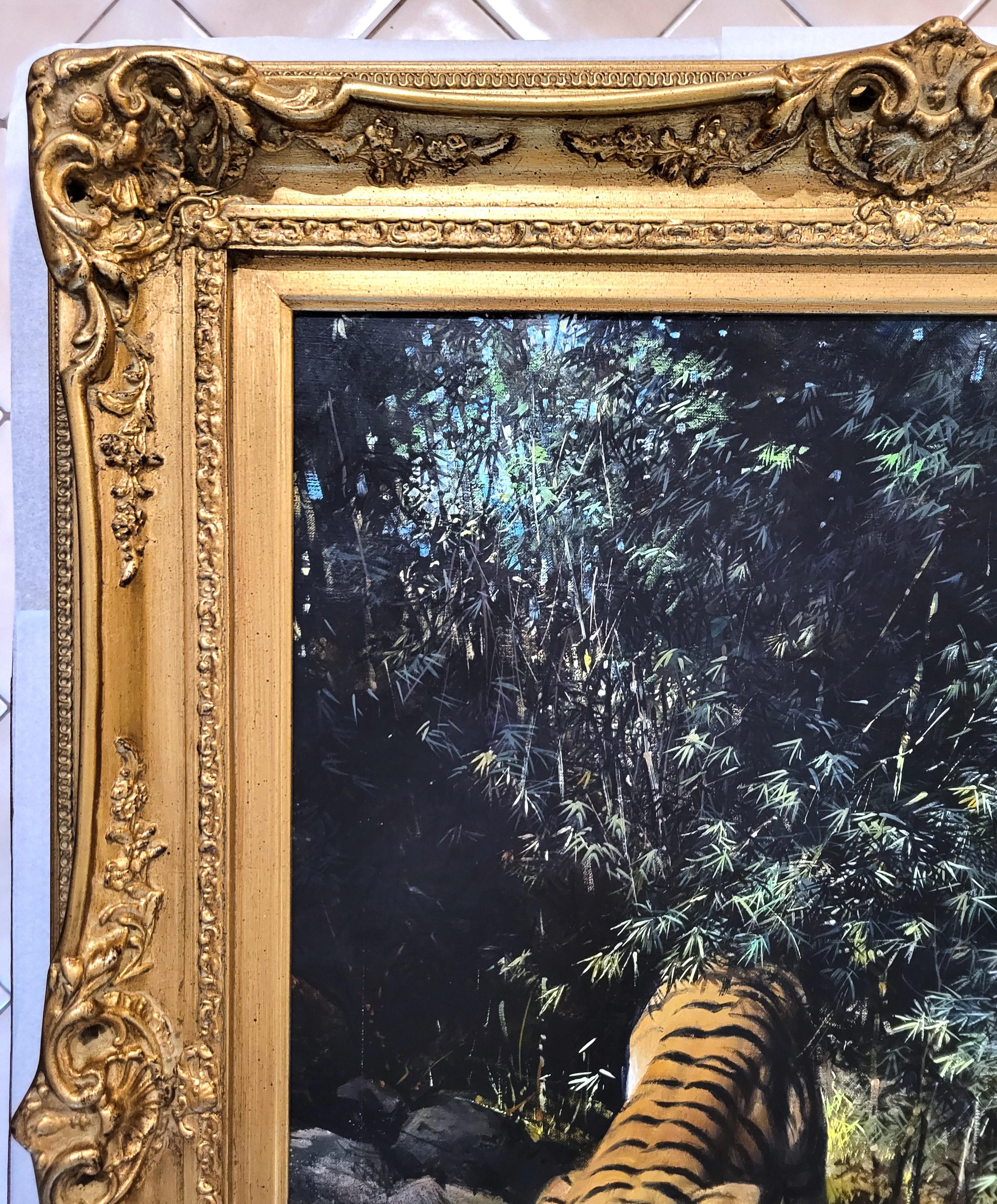 Tigres junto a un arroyo de la selva /// Big Cat India Asia Wildlife Animal Oil Painting en venta 1