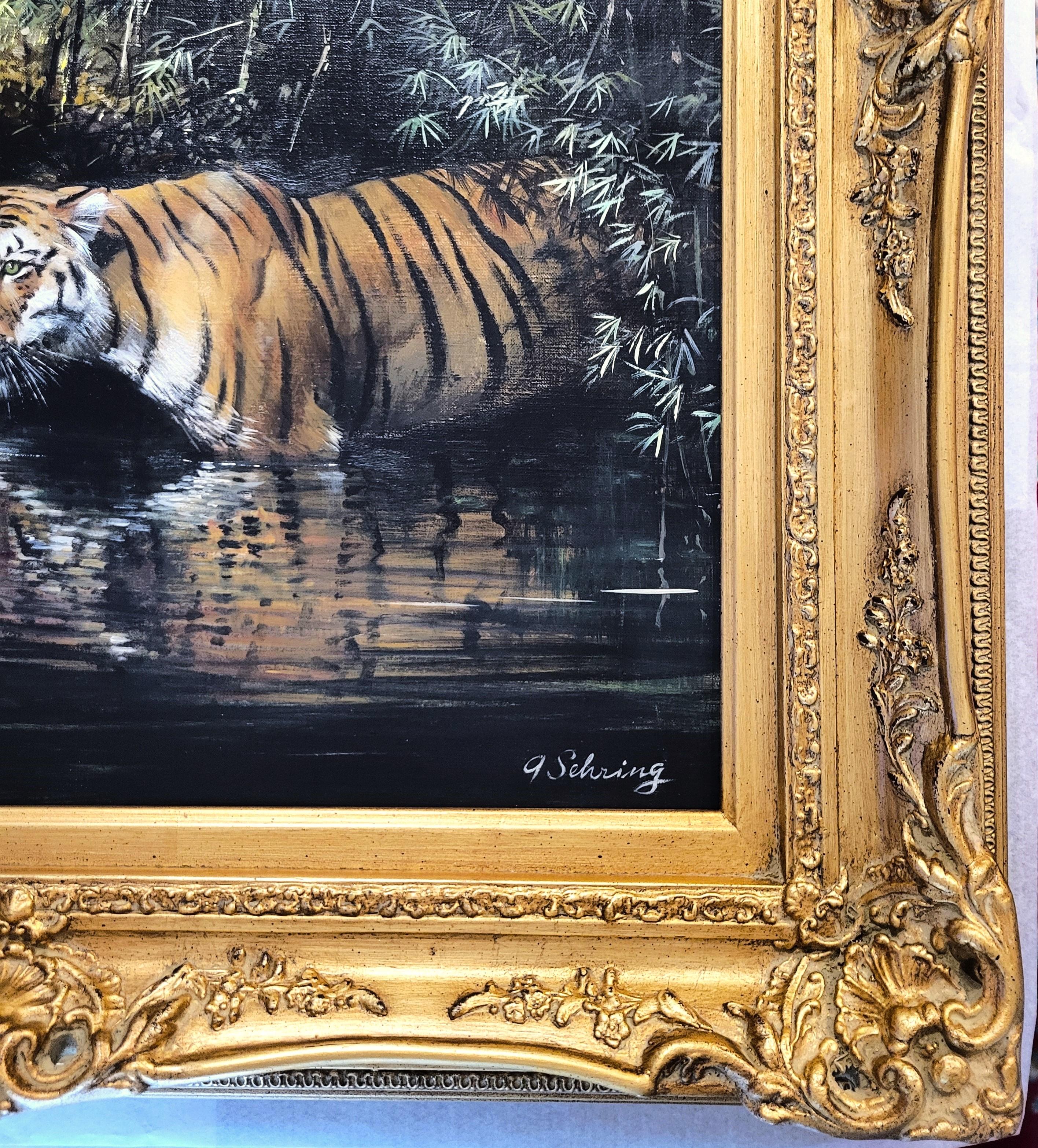 Tigres junto a un arroyo de la selva /// Big Cat India Asia Wildlife Animal Oil Painting en venta 3