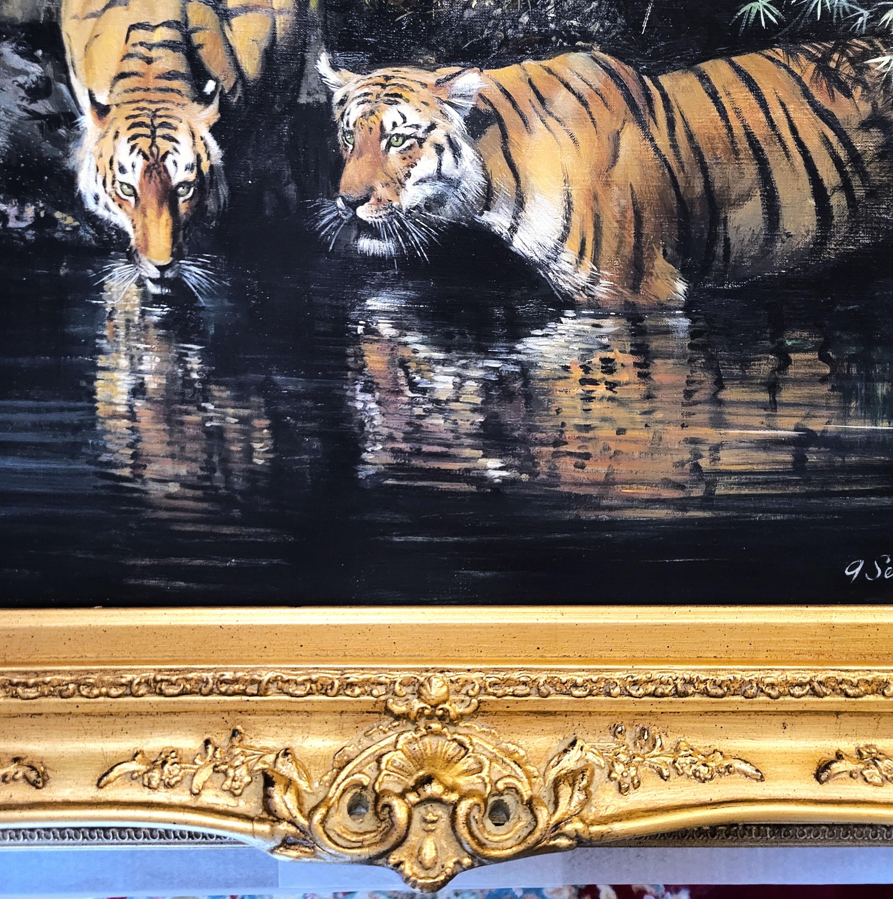 Tigres junto a un arroyo de la selva /// Big Cat India Asia Wildlife Animal Oil Painting en venta 6