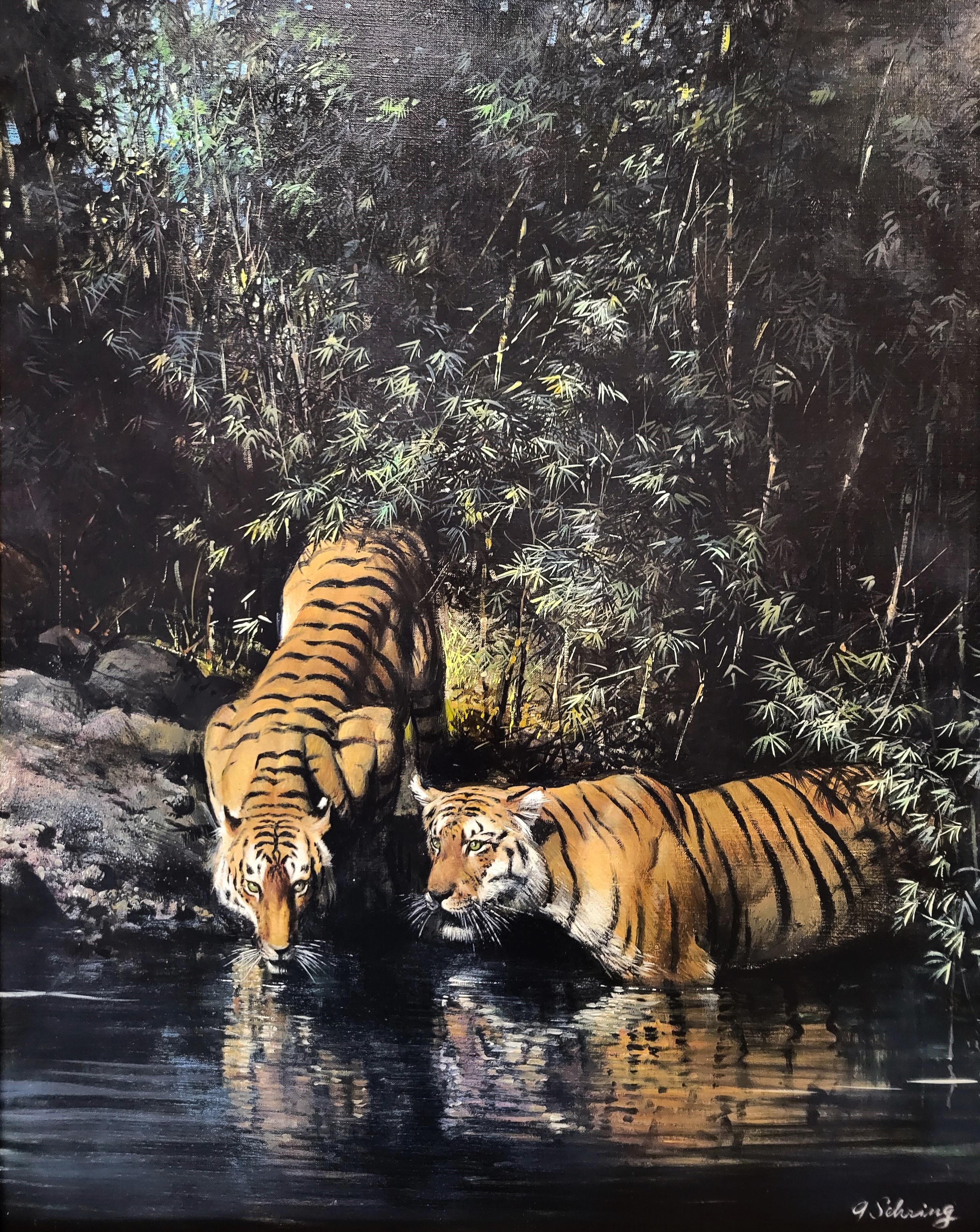 Animal Painting de Adolf Sehring - Tigres junto a un arroyo de la selva /// Big Cat India Asia Wildlife Animal Oil Painting
