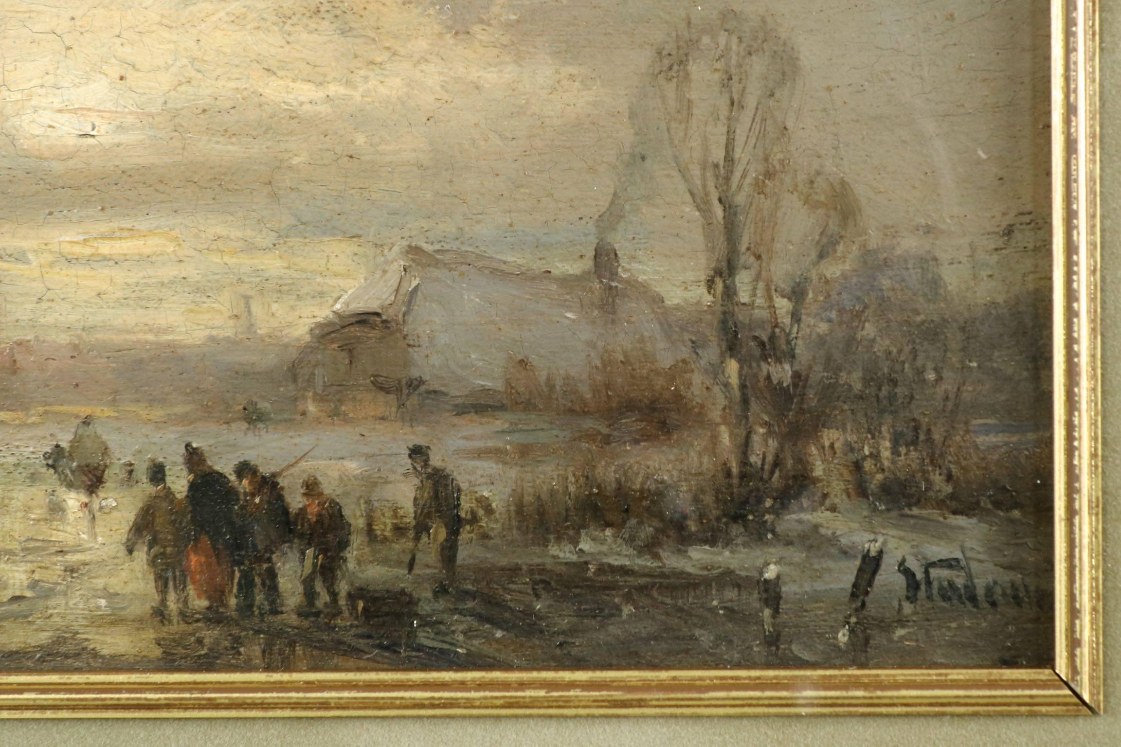Adolf Stademan 'Figures Skating at Dusk' Barbizon Antique Landscape Painting In Good Condition In Shippensburg, PA