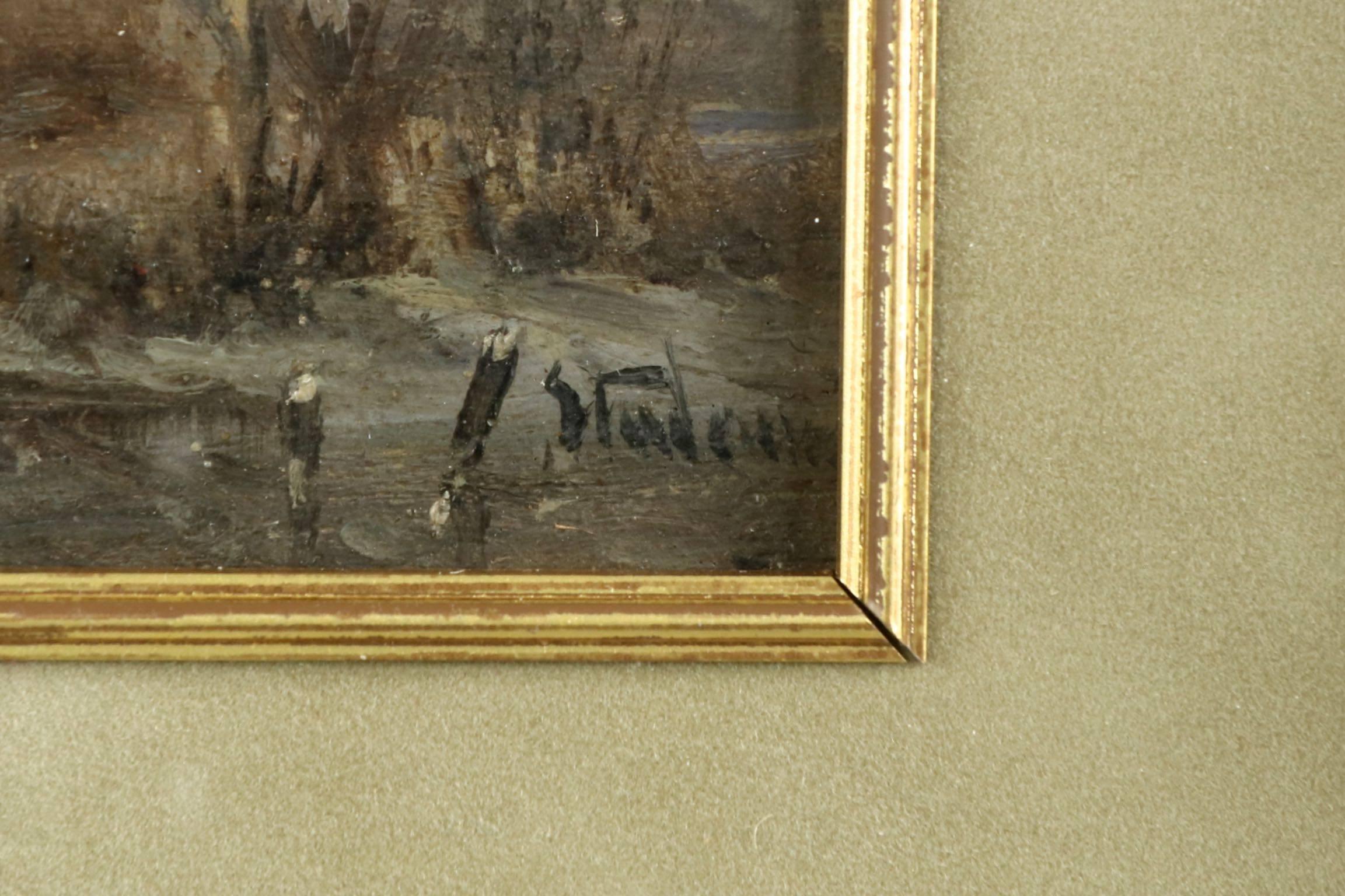 19th Century Adolf Stademan 'Figures Skating at Dusk' Barbizon Antique Landscape Painting