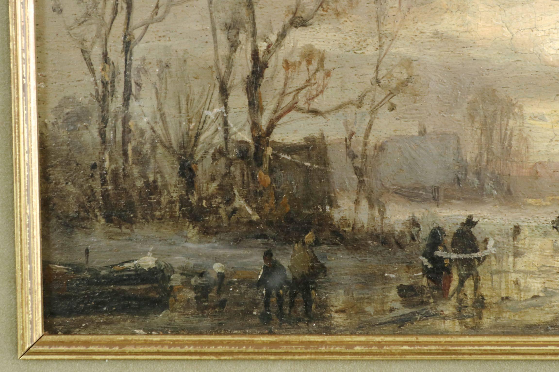 Mahogany Adolf Stademan 'Figures Skating at Dusk' Barbizon Antique Landscape Painting