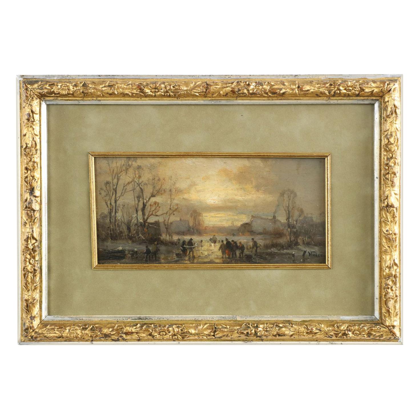 Adolf Stademan 
Figures Skating at Dusk
 Barbizon Antique Landscape Painting