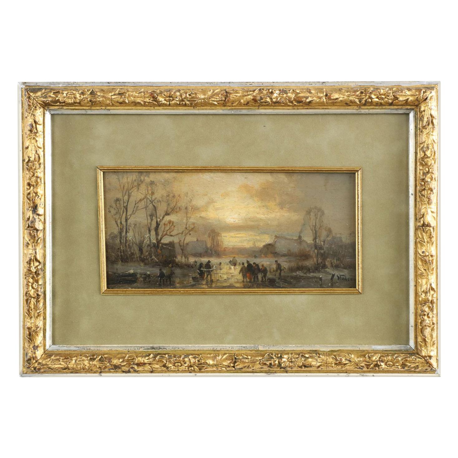 Adolf Stademan 'Figures Skating at Dusk' Barbizon Antique Landscape Painting