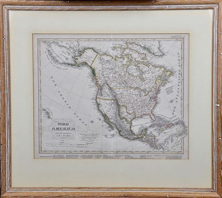 This framed early 19th century map of North America entitled "Nord-Amerika" is plate No. LIV (No. 46) from Adolph Stieler's Hand-Atlas, published in Gotha, Germany by Justus Perthes in 1832. The original title of the publication was 'Hand-Atlas über